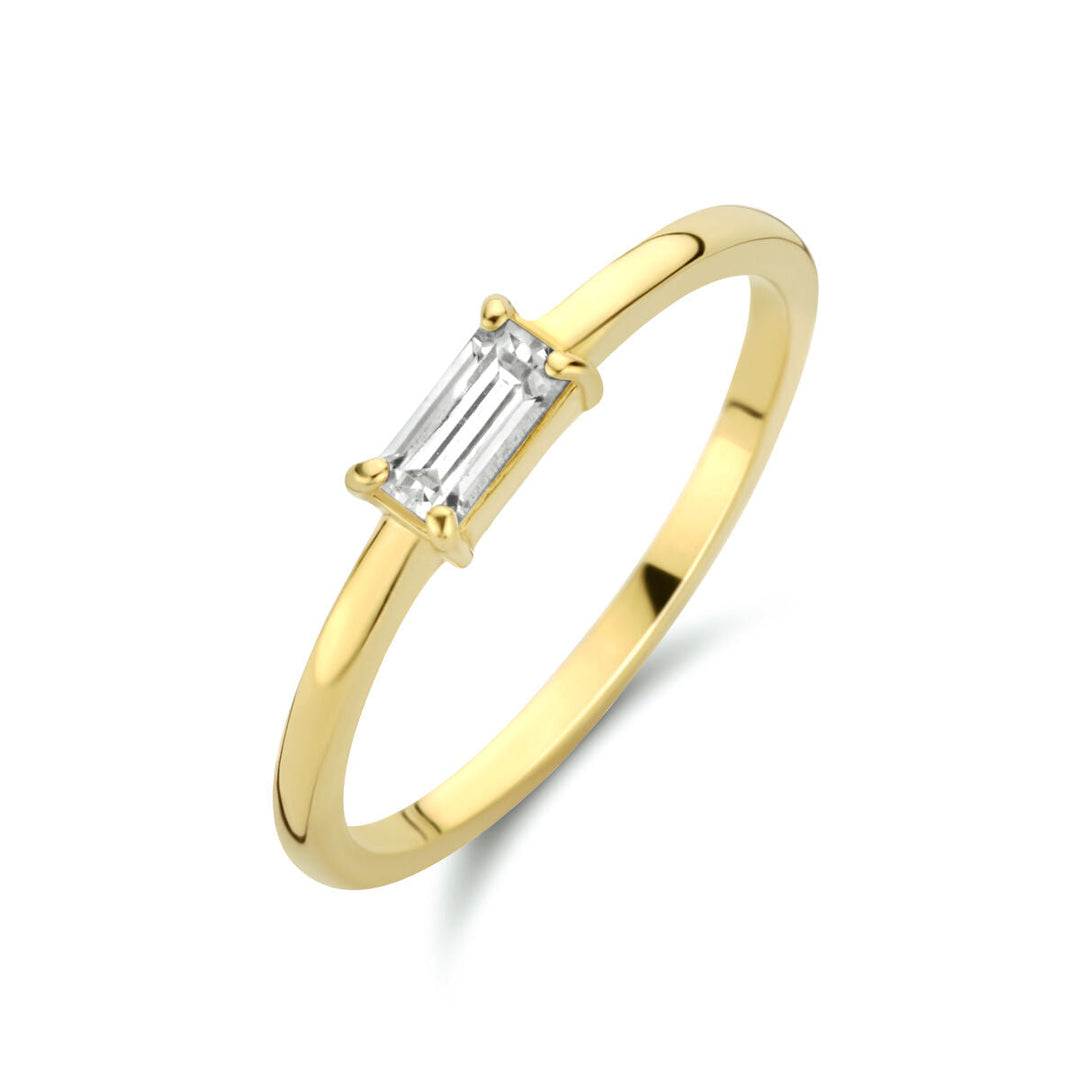 Een 14K geelgouden ring zirkonia van Van der Kooij Collectie, met een stijlvolle minimalistische zetting, schitterend aanwezig op een witte achtergrond.