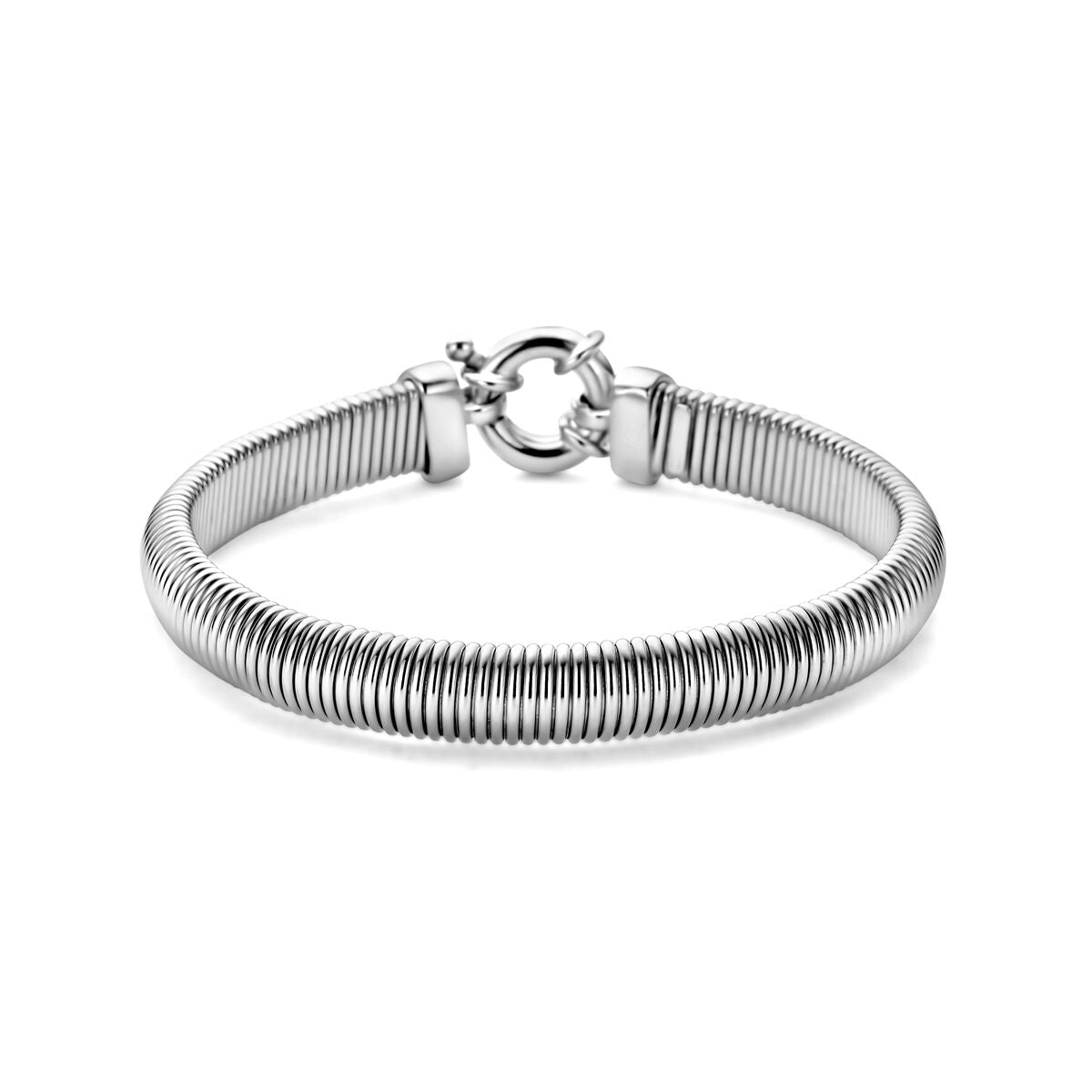 Silbernes Damenarmband mit großem, rhodiniertem Federringverschluss und gewelltem Design