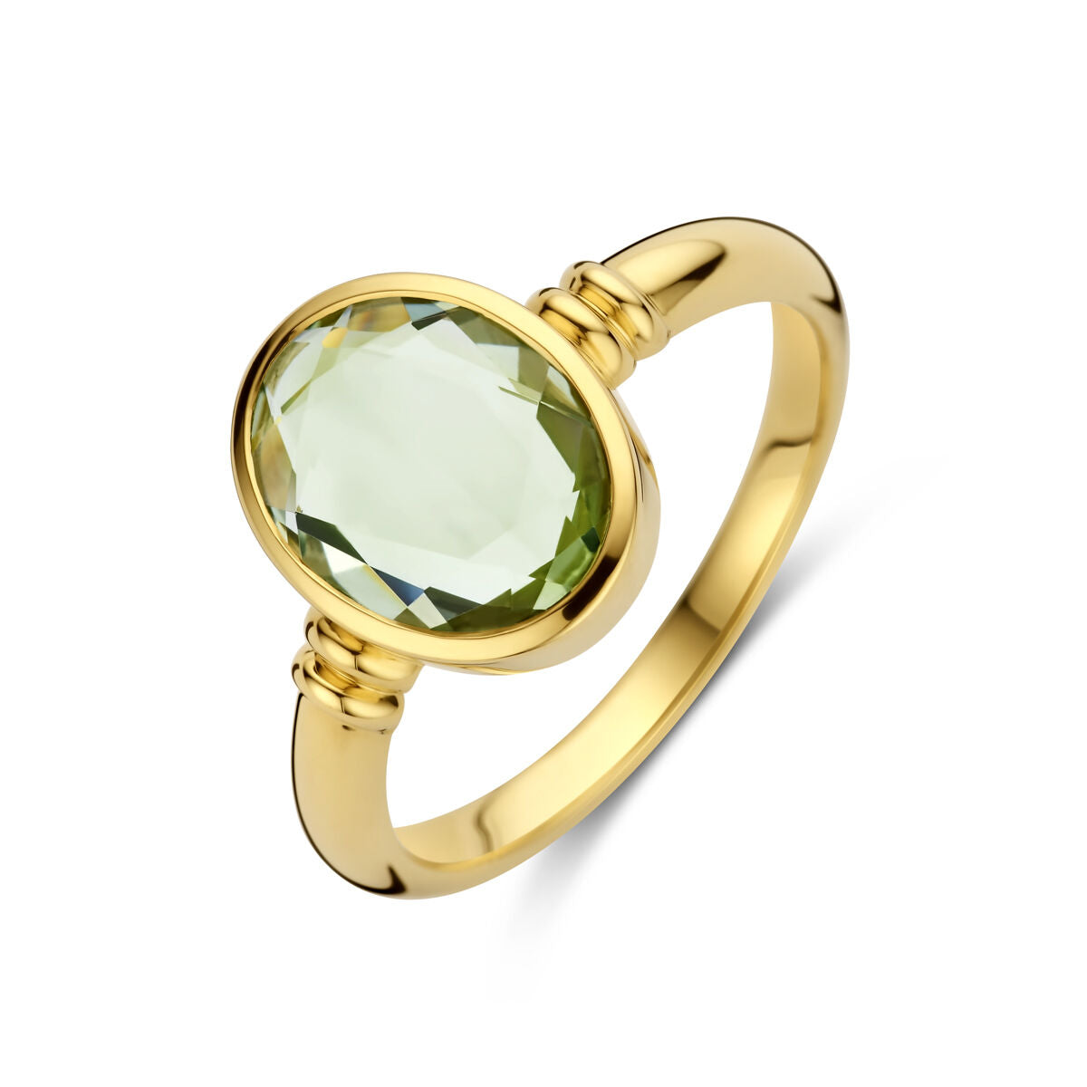 Ring aus 14K Gelbgold mit ovalem, grünem Amethyst.