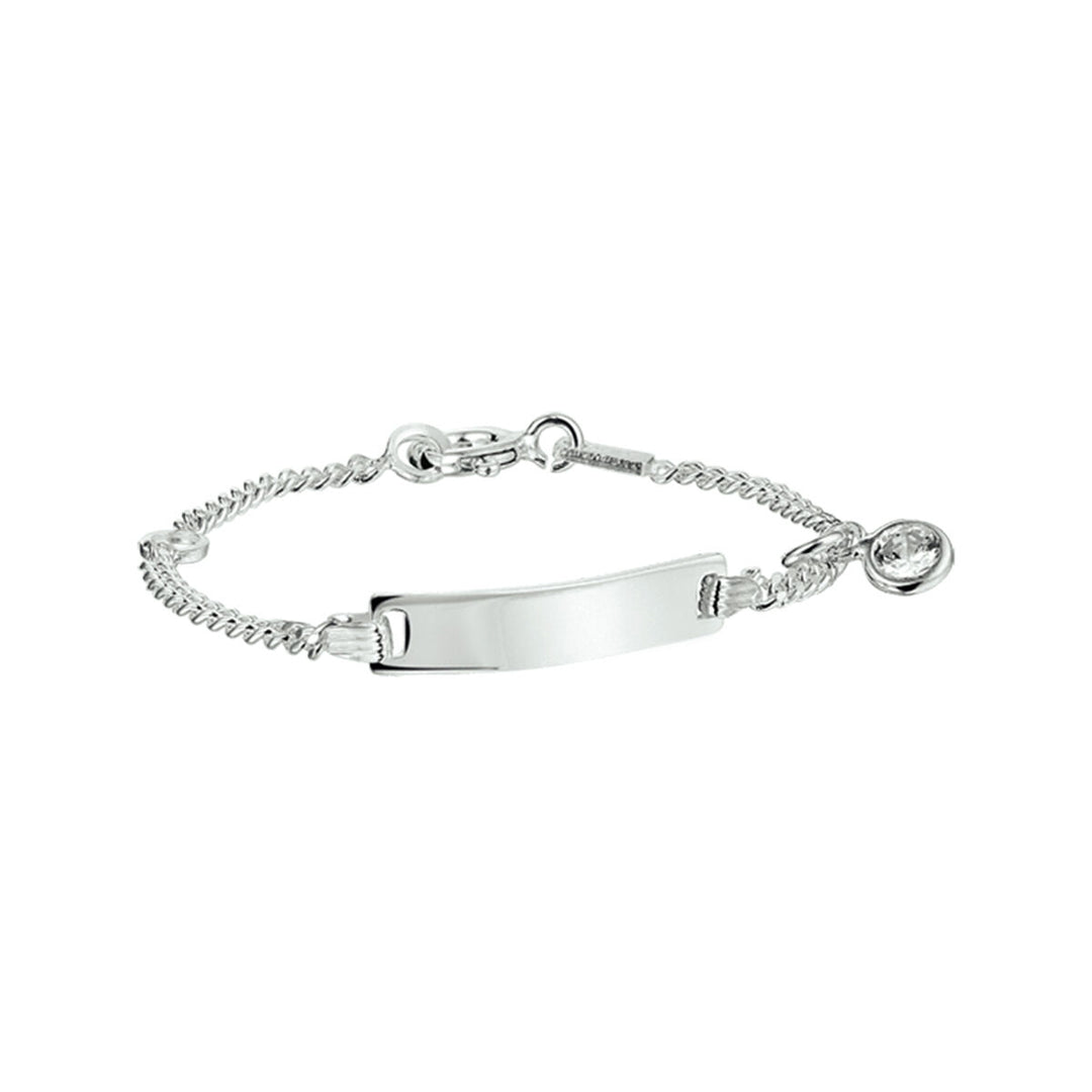 De Van der Kooij Collectie biedt een zilveren graveerarmband met zirkonia plaat van 4,2 mm met een plat rechthoekig plaatje, een ronde bedel met fonkelende zirkonia en schakels met een karabijnsluiting.