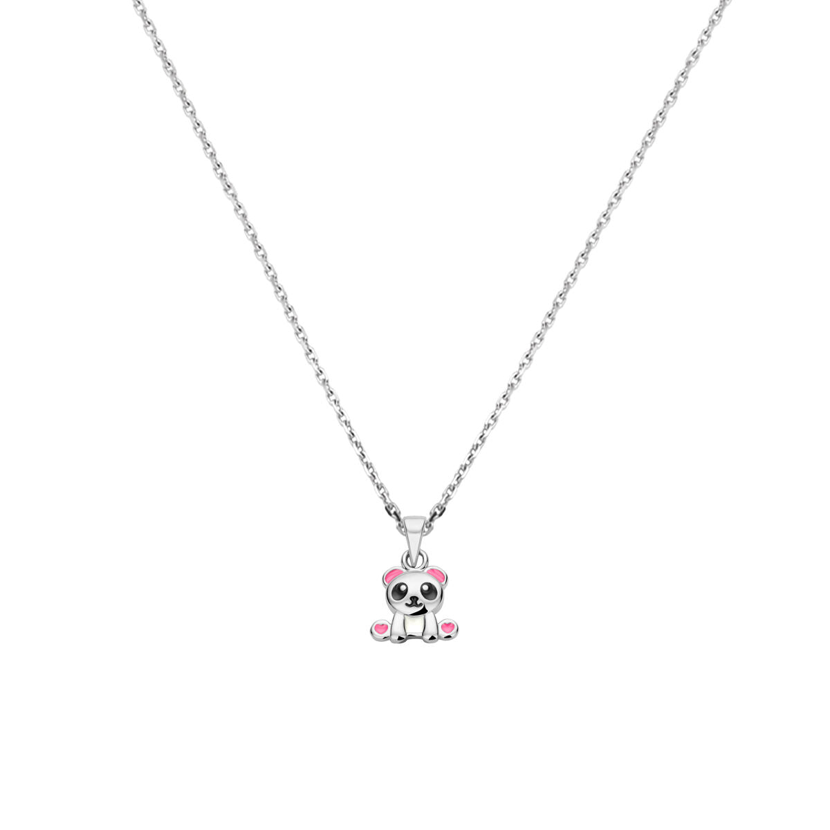 Collier mit panda-förmigem Anhänger, silber gerhodineerd, 36 + 4 cm lang, mit rosa Details