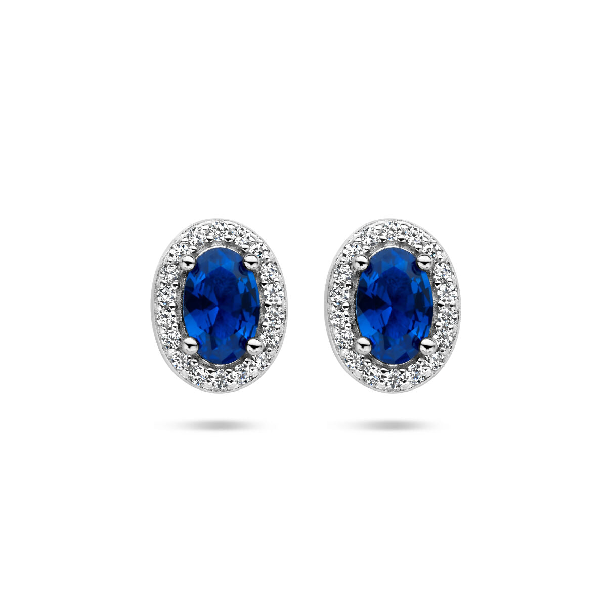 Ohrstecker mit blauen und weißen Zirkonia in Halo-Form, rhodiniertes Silber