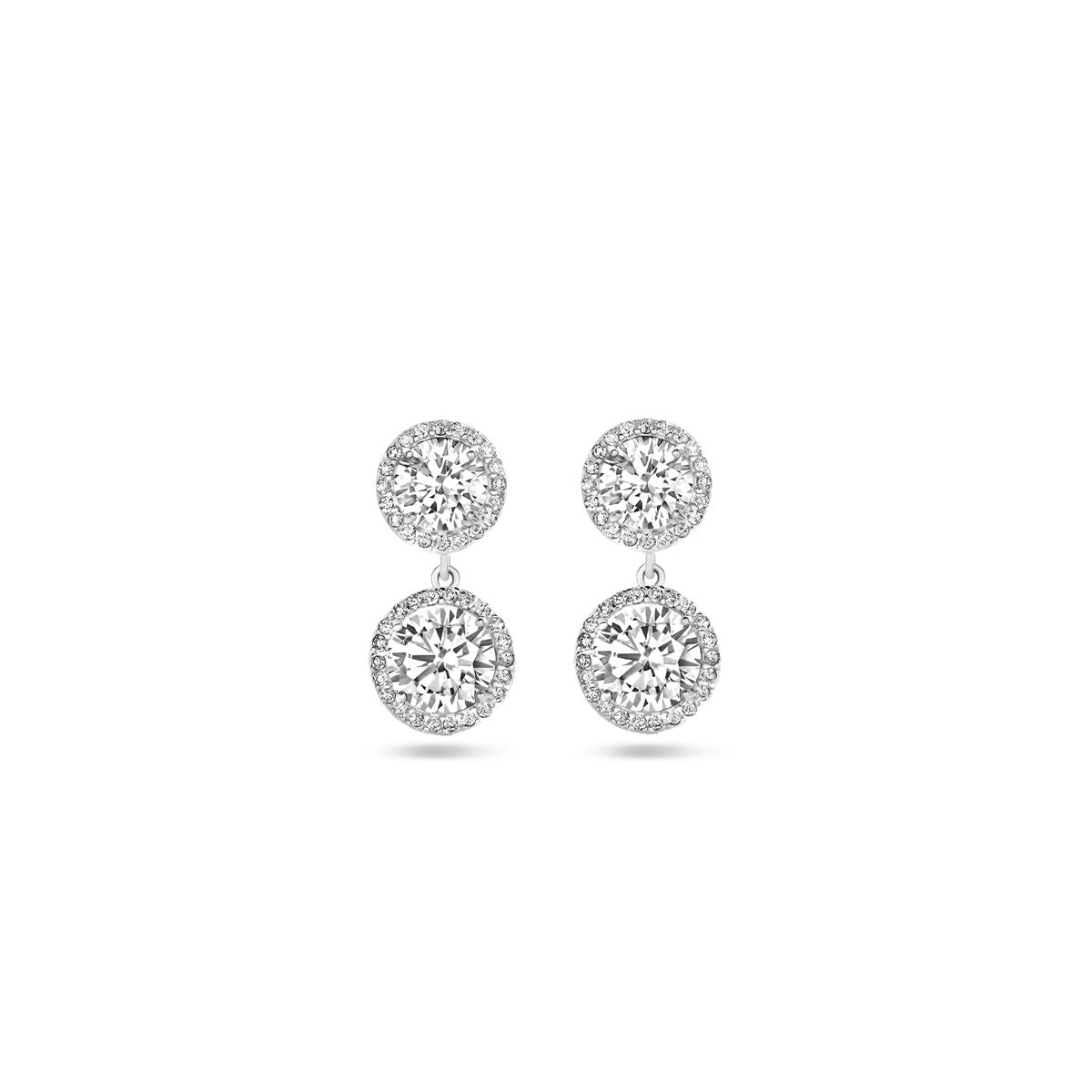 Ohrhänger aus rhodiniertem Silber mit zwei runden Zirkonia-Steinen, Durchmesser 20 mm