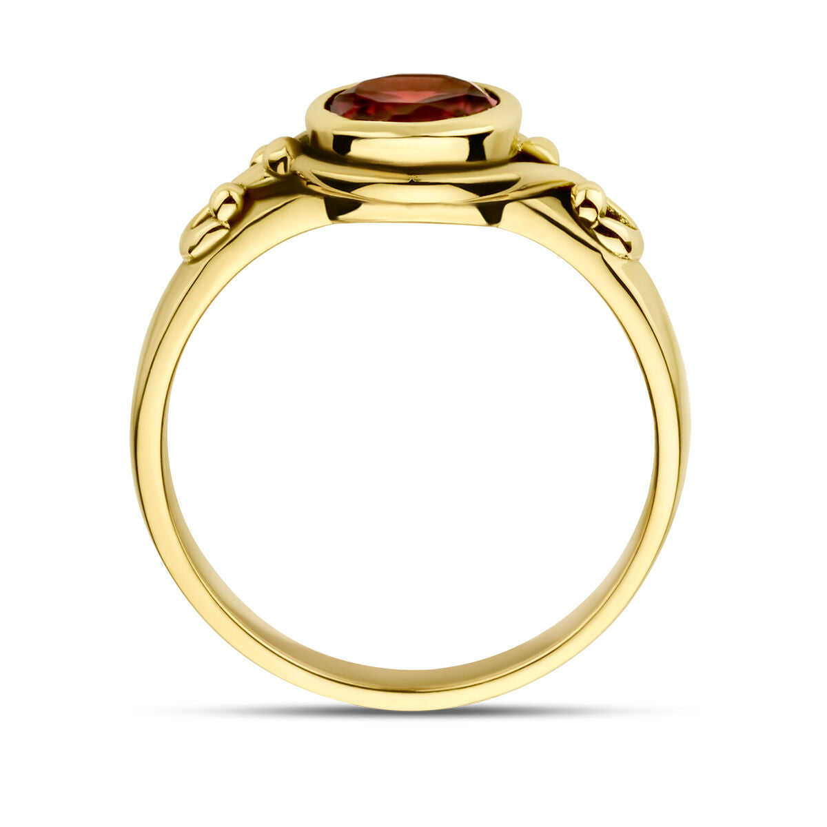 De vintage ring granaat oxi 14K geelgoud uit de Van der Kooij Collectie heeft een ronde roodbruine granaat en een verfijnd bandontwerp, zichtbaar vanaf de zijkant - een tijdloos dames sieraad.