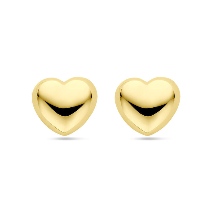 De oorknoppen hartje 1 micron zilver verguld (geel) van Van der Kooij Collectie worden getoond op een wit achtergrond-een elegant valentijn cadeau voor een bijzonder persoon.