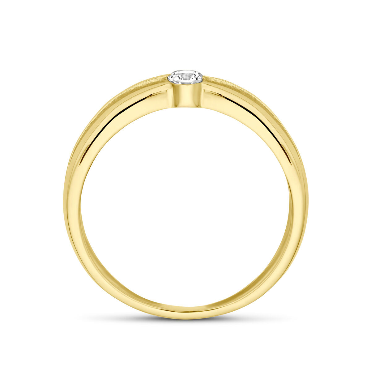De Van der Kooij Collectie ring zirkonia 14K geelgoud is een minimalistische geelgouden damesring met een enkele ronde zirkonia in een bezelzetting, afgebeeld tegen een witte achtergrond.