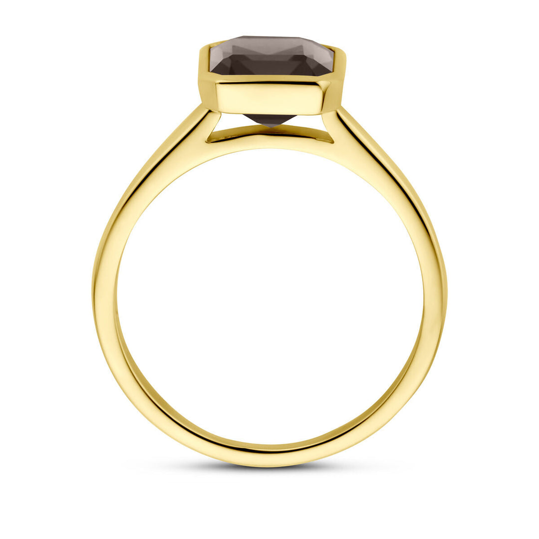 Een Van der Kooij Collectie ring rookkwarts 14K geelgoud, met een geometrische zetting met donkere rookkwarts, van opzij gezien om de band en de verhoogde steen te benadrukken.