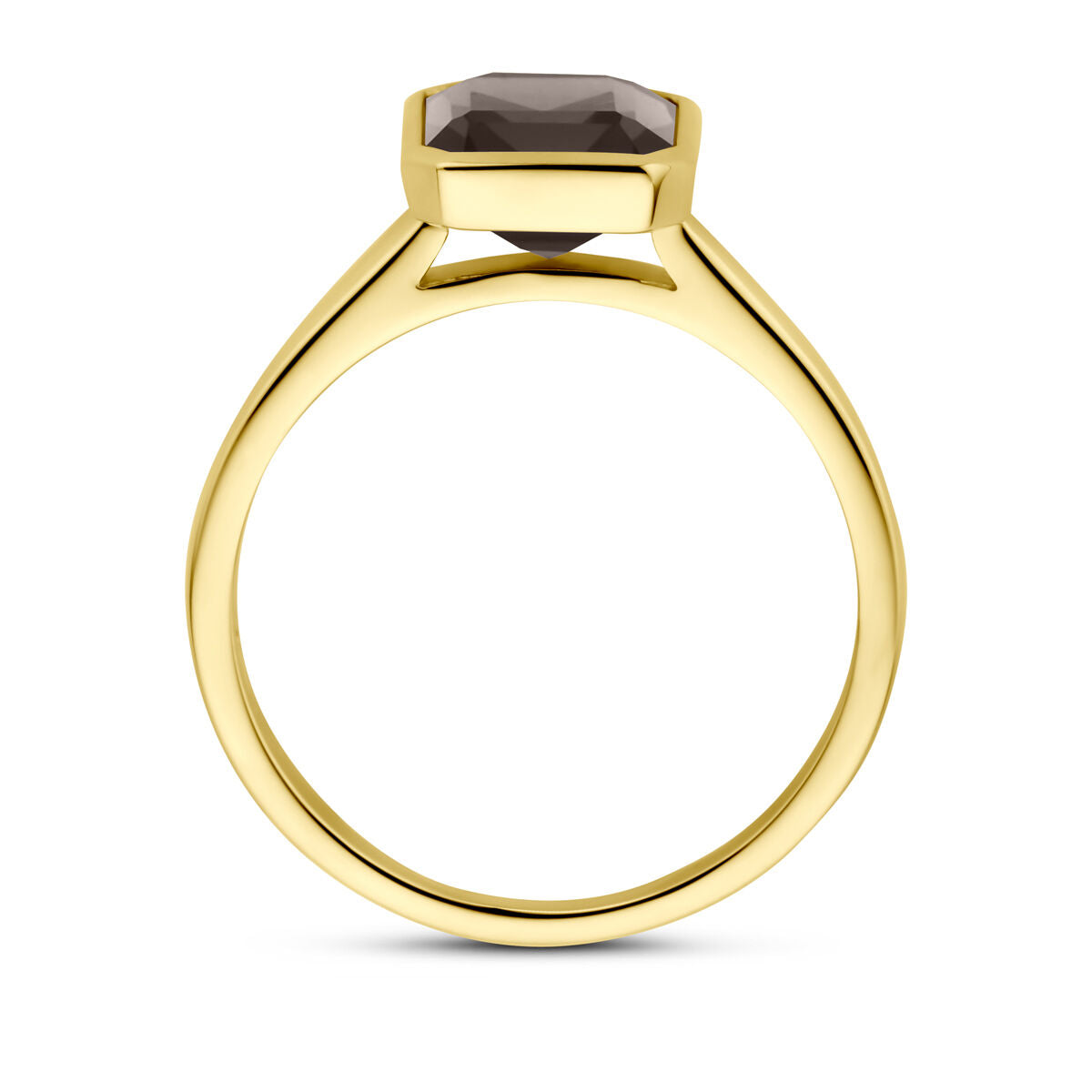 Een Van der Kooij Collectie ring rookkwarts 14K geelgoud, met een geometrische zetting met donkere rookkwarts, van opzij gezien om de band en de verhoogde steen te benadrukken.