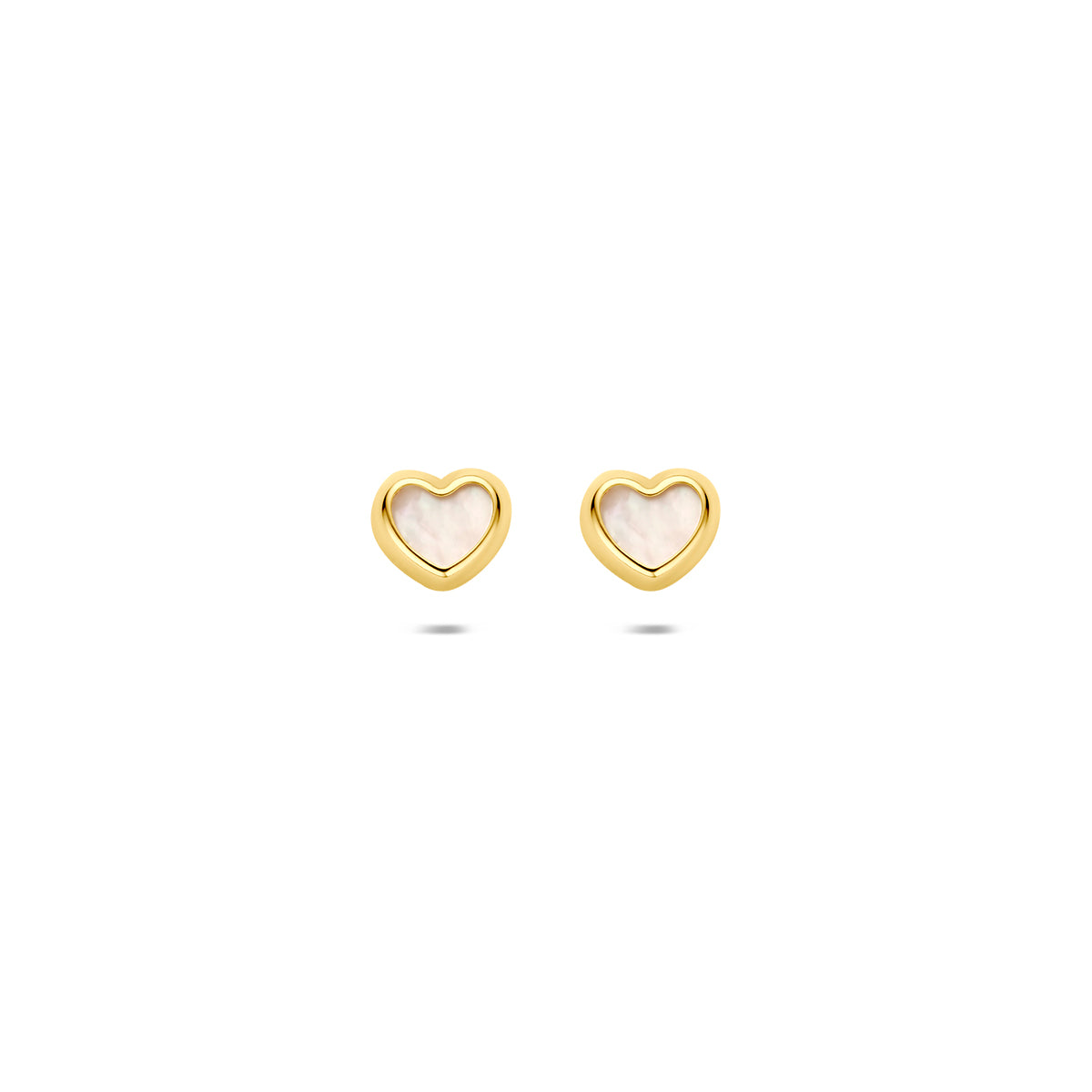 Ohrringe in Herzform aus 9K Gelbgold mit Perlmutt in der Mitte, Durchmesser 4,5 mm