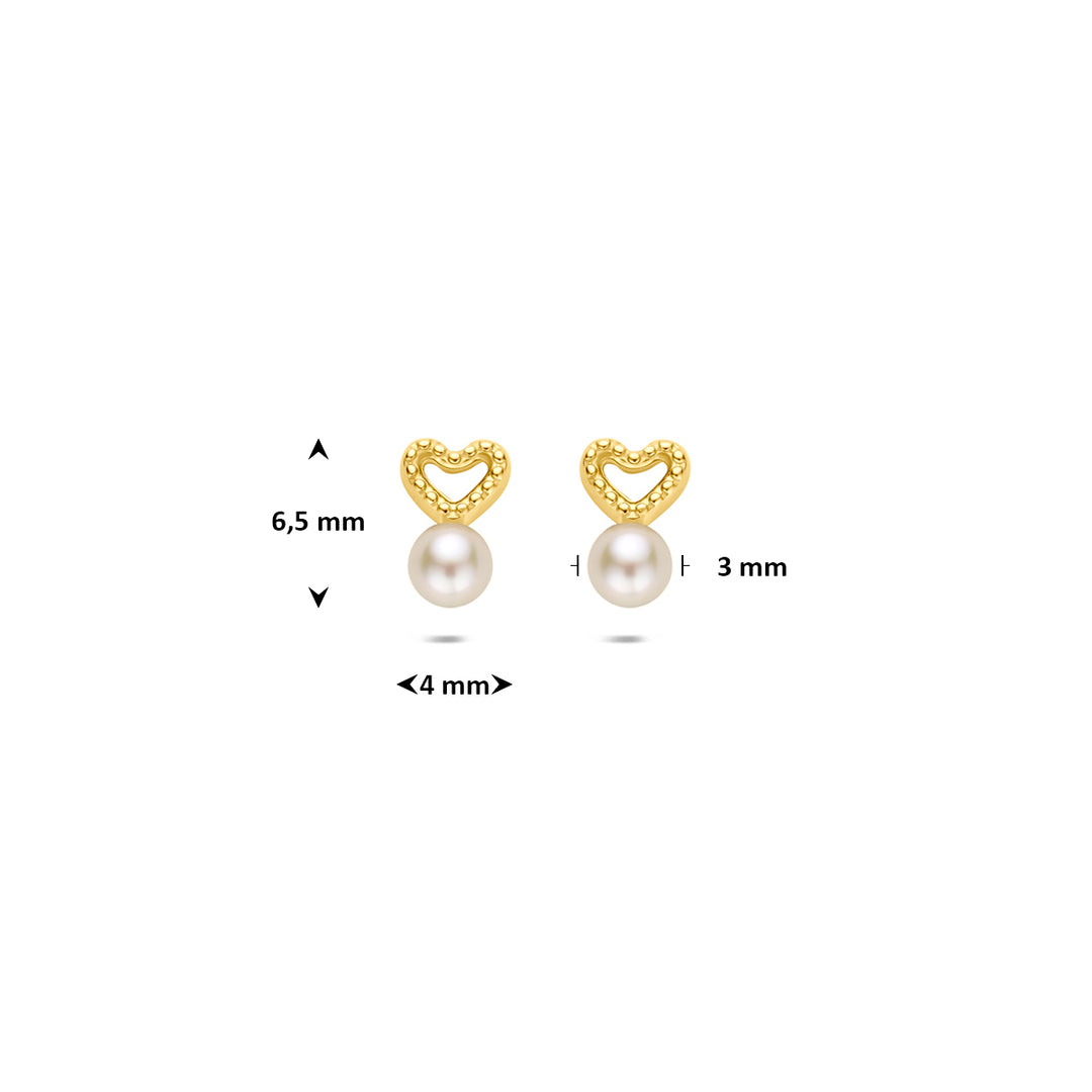 9k oorknoppen hartje en parel 6,5 mm 9K geel