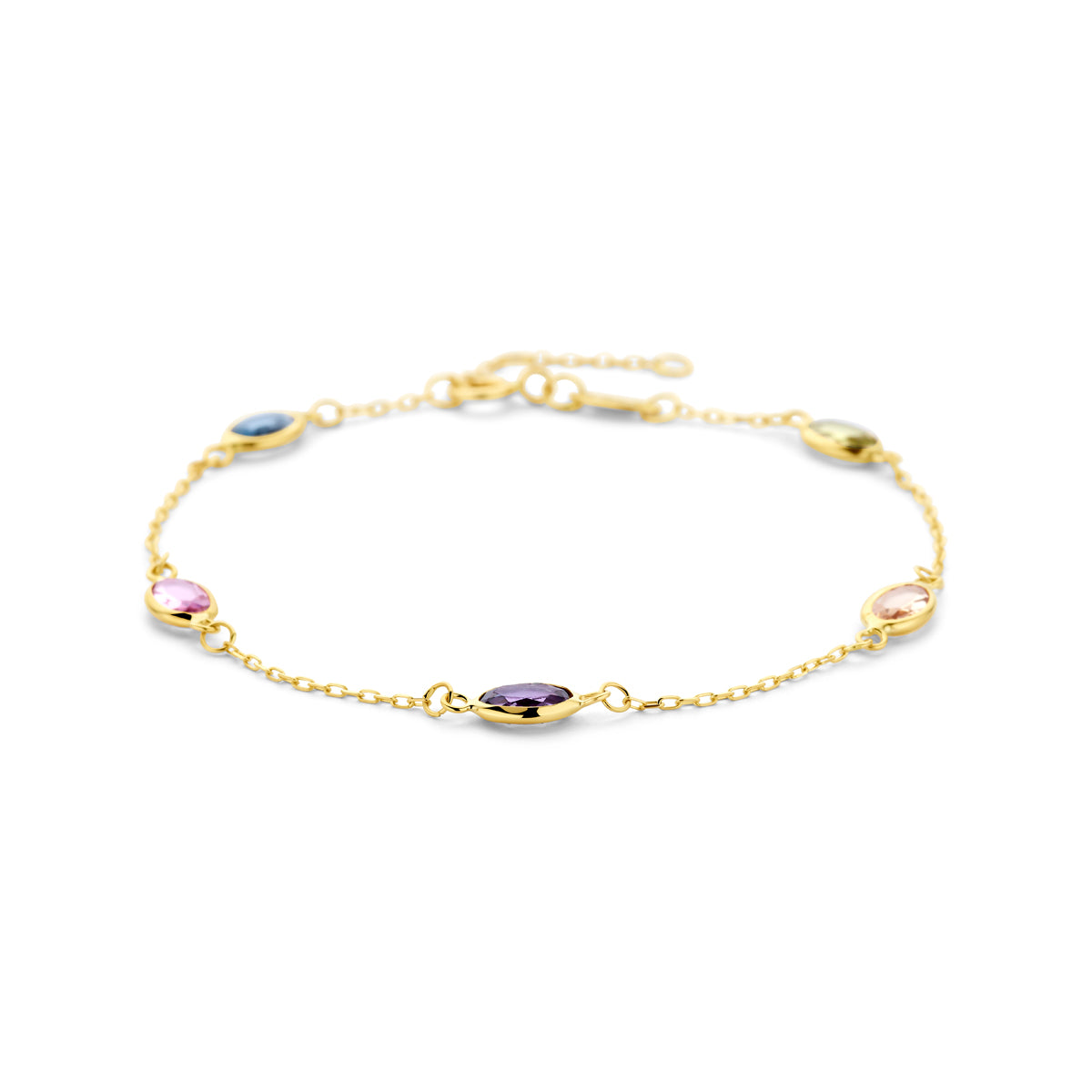 Armband aus 9K Gelbgold mit synthetischen Steinen in verschiedenen Farben, Länge 16,5 - 18,5 cm