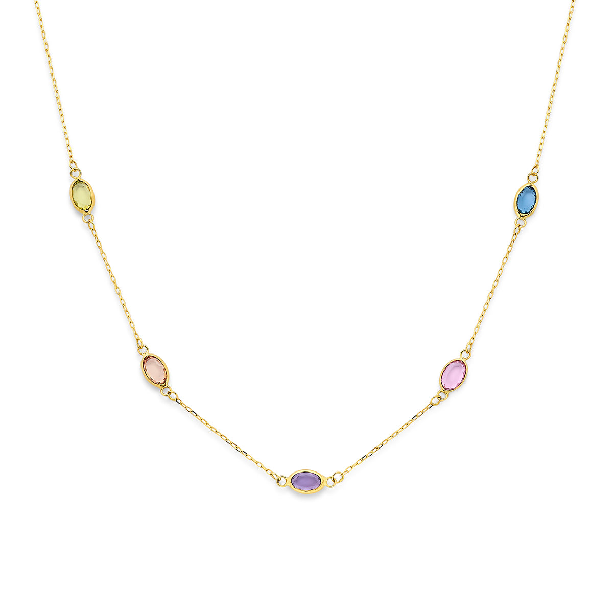 Collier aus 9K Gelbgold mit synthetischen Steinen in ovaler Form in verschiedenen Farben