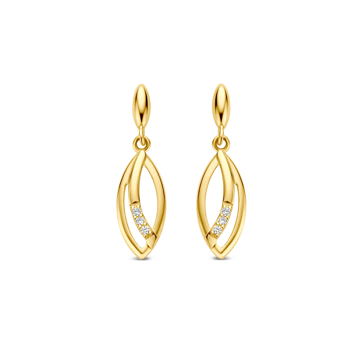 Ohrringe aus 9 Karat Gold mit Zirkonia, 18 mm lang, in geschwungener Form mit funkelnden Steinen
