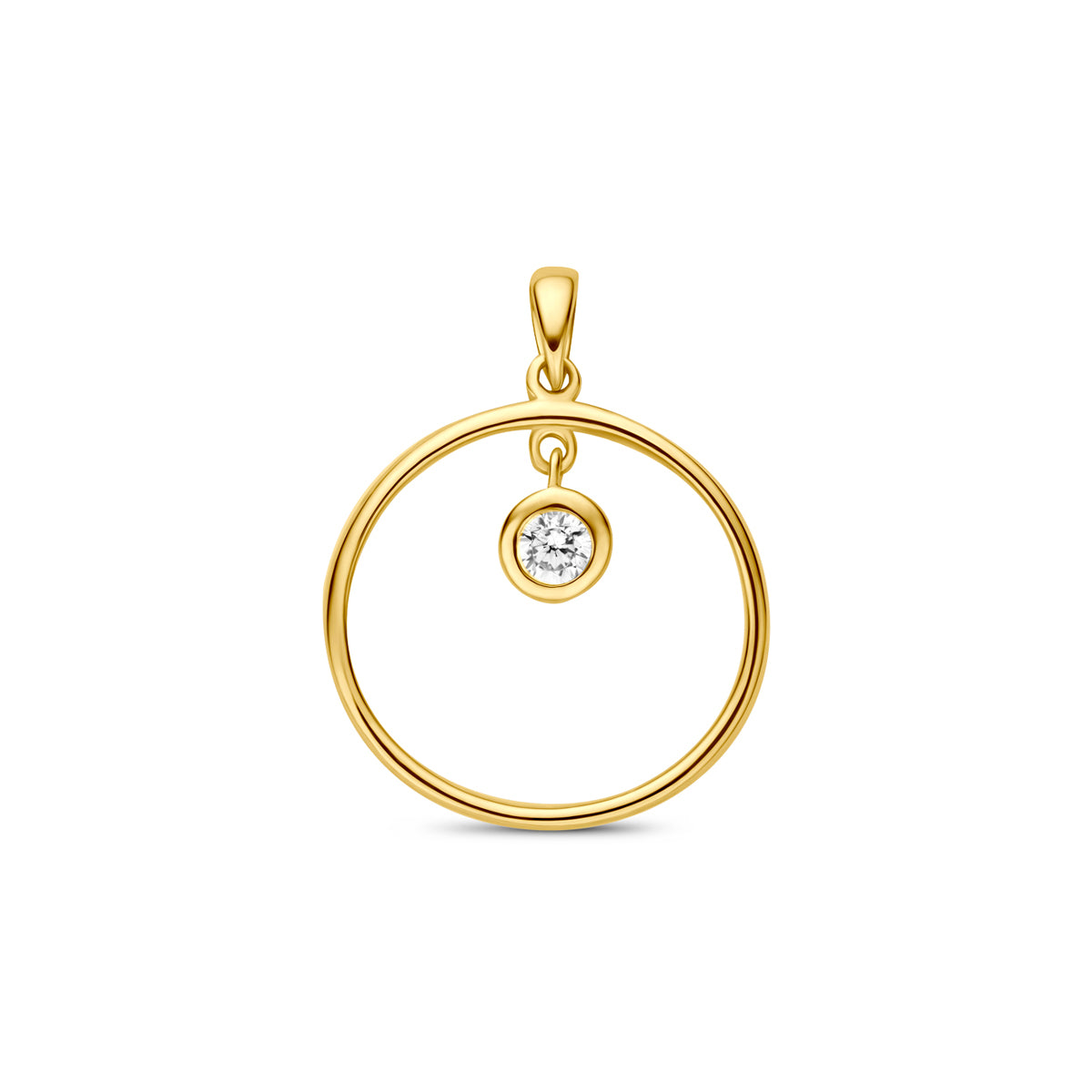 Runder Anhänger aus 9K Gelbgold mit einem 13 mm großen Zirkonia im Inneren des Kreises