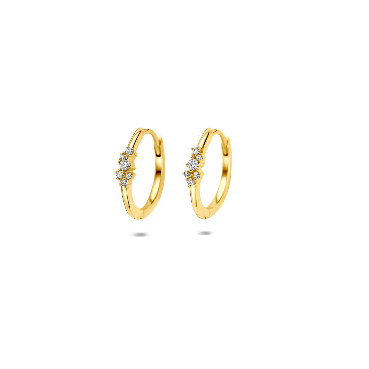 Klapp-Ohrringe aus 9K Gelbgold mit drei Zirkonia, Durchmesser 12,5 mm