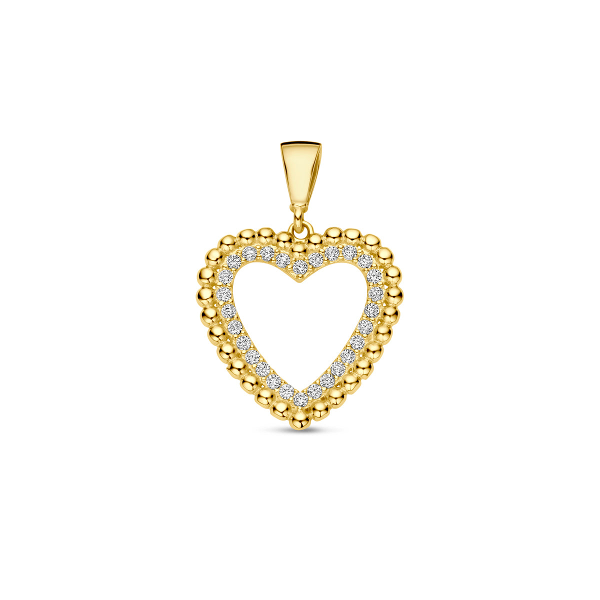 Herzanhänger aus 9 Karat Gold mit Zirkonia, 15,5 mm, hohl und mit Perlenrand