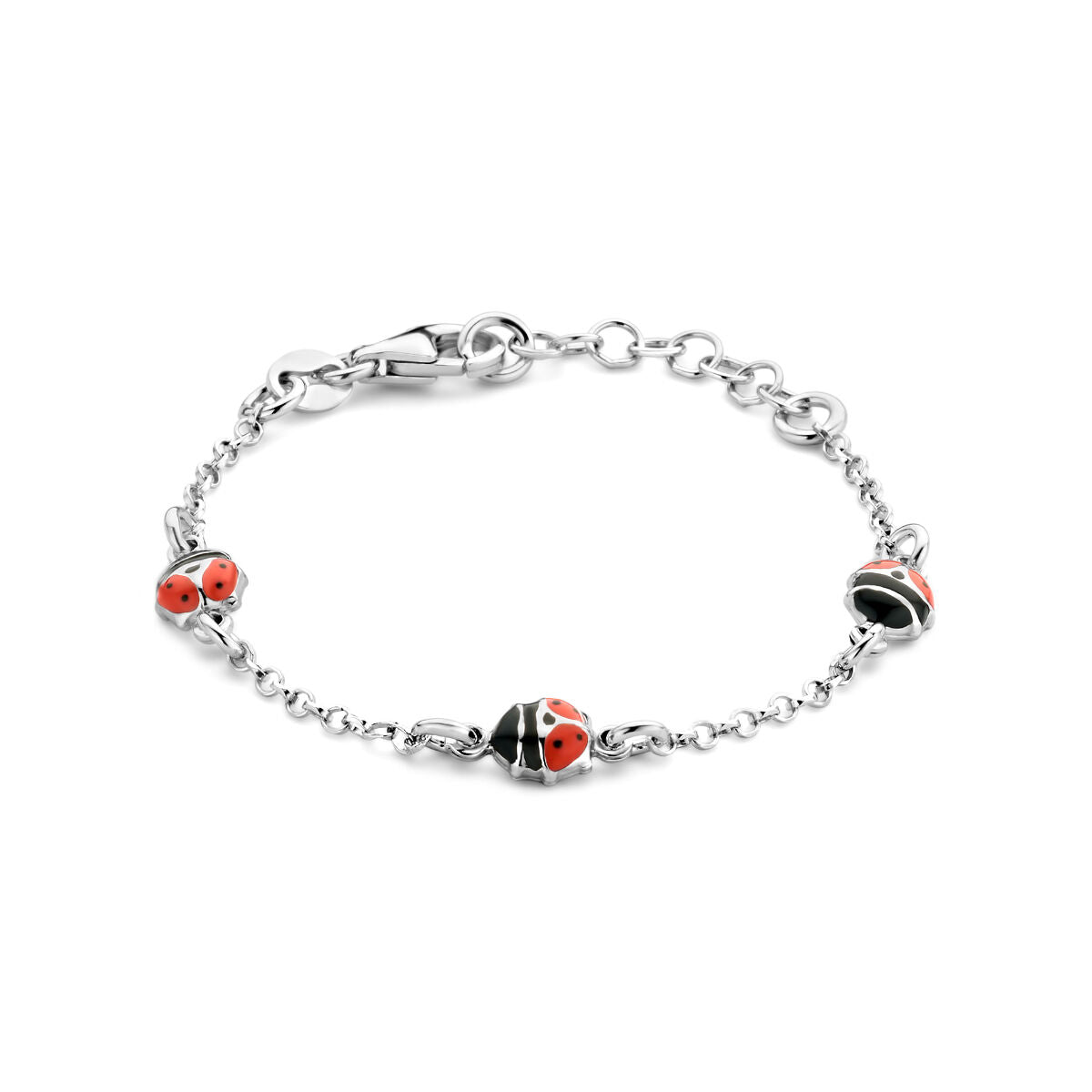 Armband aus rhodiniertem Silber mit roten Marienkäfern und Verlängerungskette von 11 + 2 cm