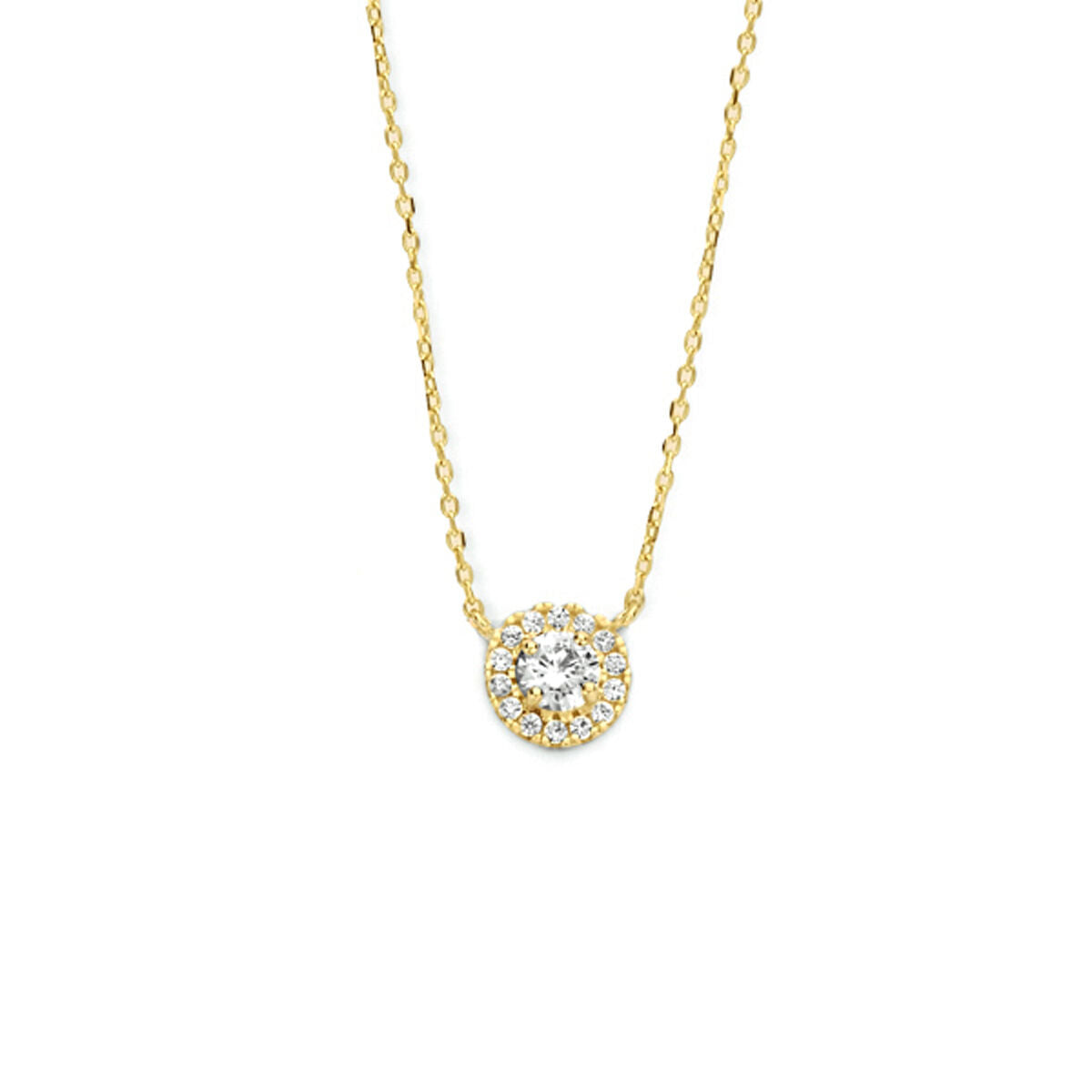 Halskette aus 14K Gelbgold mit Zirkonia-Anhänger und Halo-Design, Länge 40-42-44 cm