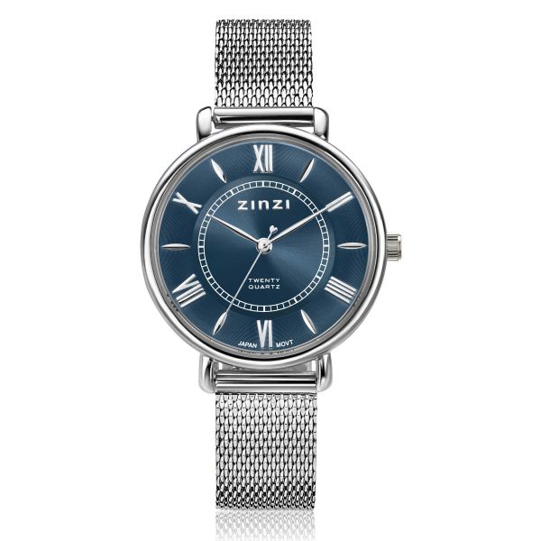 Silberfarbenes Zinzi Uhr mit blauem Zifferblatt und Mesh-Armband