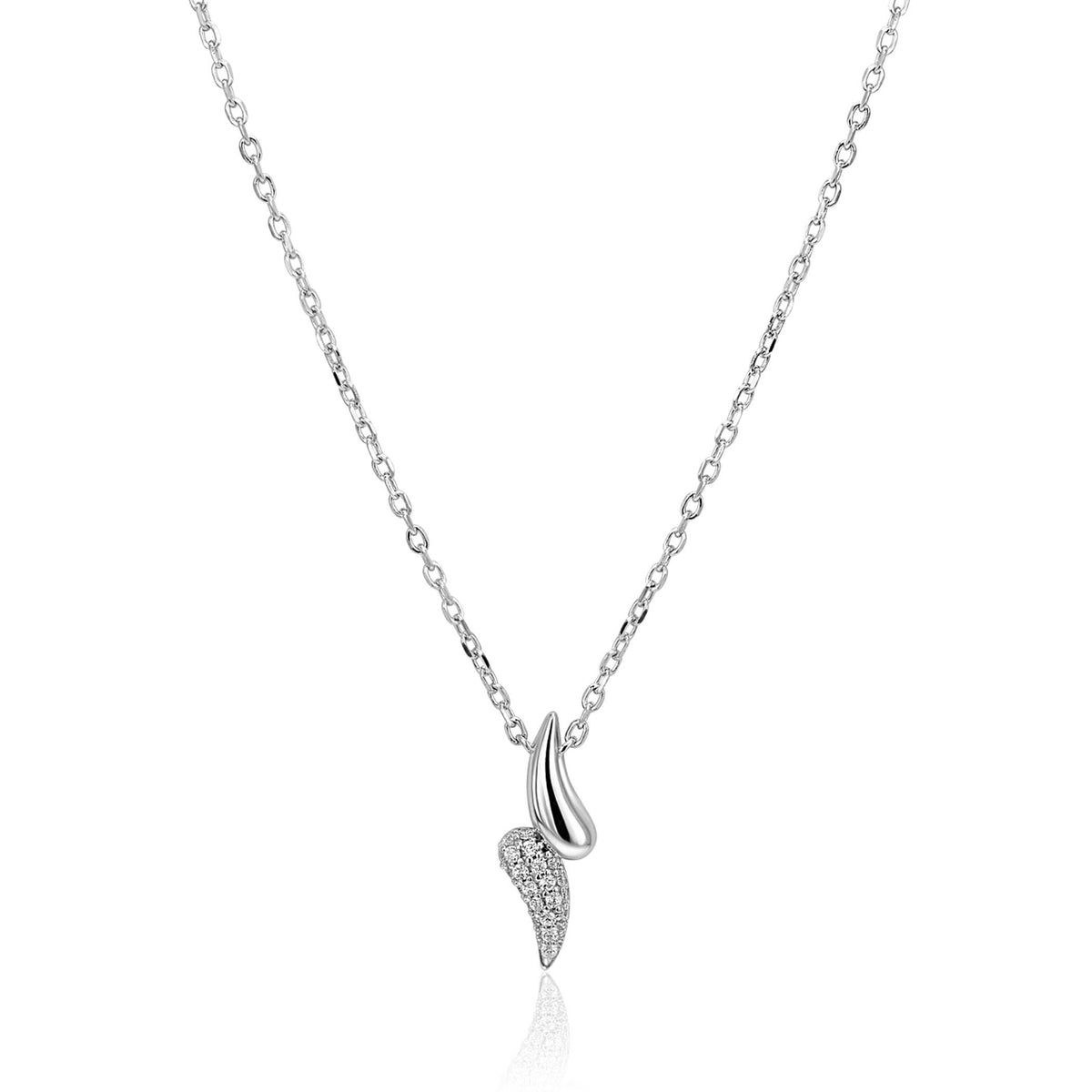 De Zinzi ketting ZIC2681 (40-45cm) van Zinzi heeft twee abstracte vleugelvormige hangers, een gladde en een versierd met fonkelende stenen, gemaakt van sterling zilver.