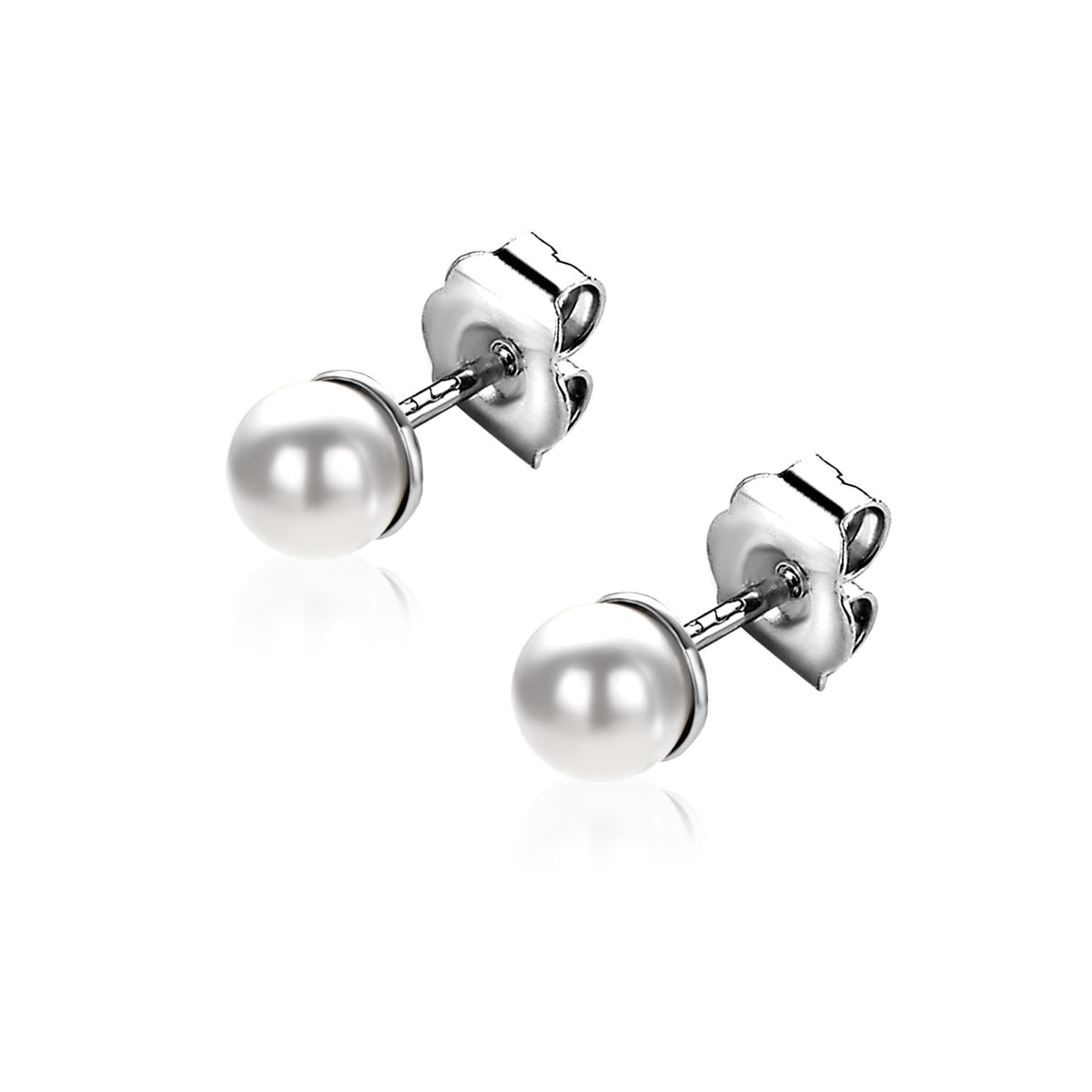 Silberne Ohrstecker mit weißen Perlen, Durchmesser 4 mm, mit klappbarem Verschluss