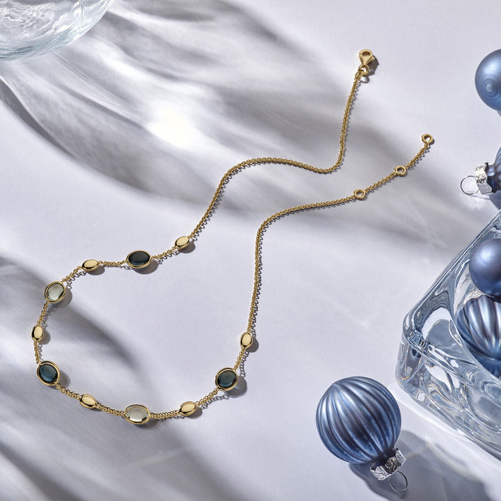 Gold Damenhalskette London Blau und Blautopas 14K