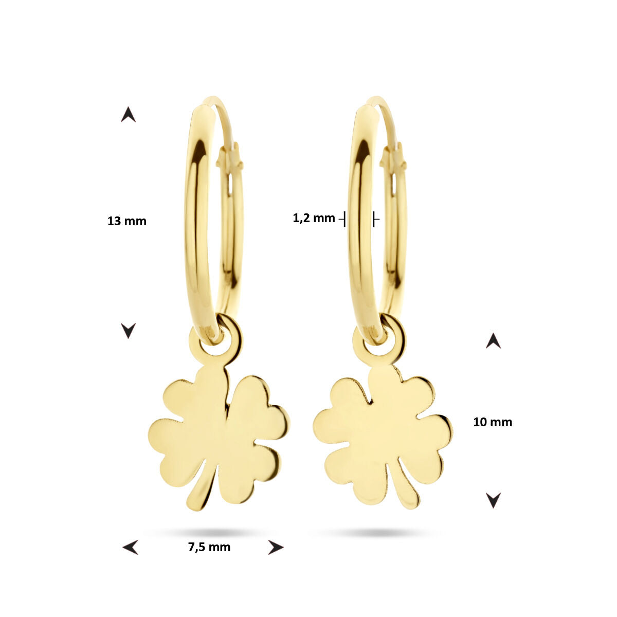 De oorringen klaver 14K geelgoud van Van der Kooij Collectie hebben een 13 mm ring met een bungelende klaver bedel (10 mm hoog, 7,5 mm breed, 1,2 mm dik) - stijlvolle dames sieraden.