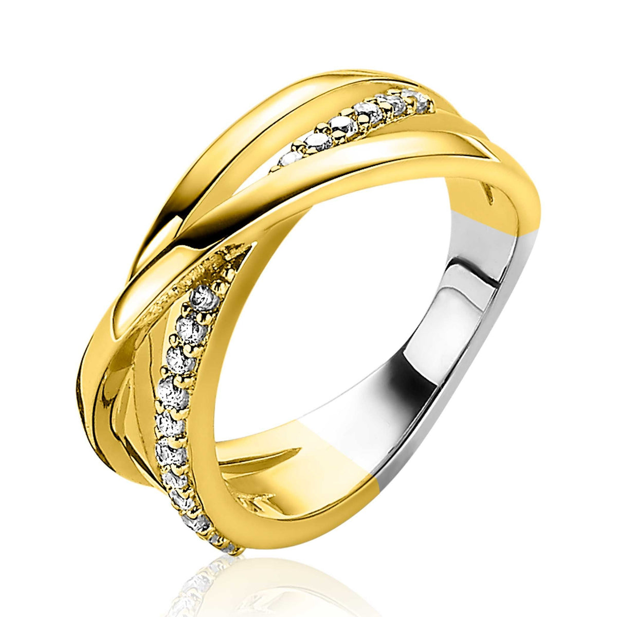 Ring mit goldfarbener Beschichtung und Zirkonia-Steinen, gewundenes Design mit glänzender Oberfläche