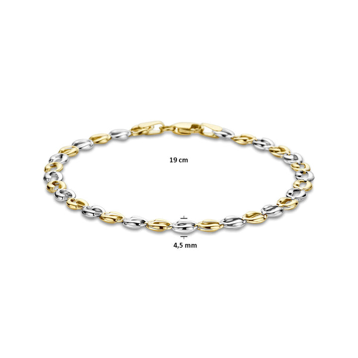 De Van der Kooij Collectie Gouden armband dames 14K bicolor heeft afwisselend gouden en zilveren schakels, is 19 cm lang en 4,5 mm breed en is elegant gefotografeerd op een witte achtergrond.
