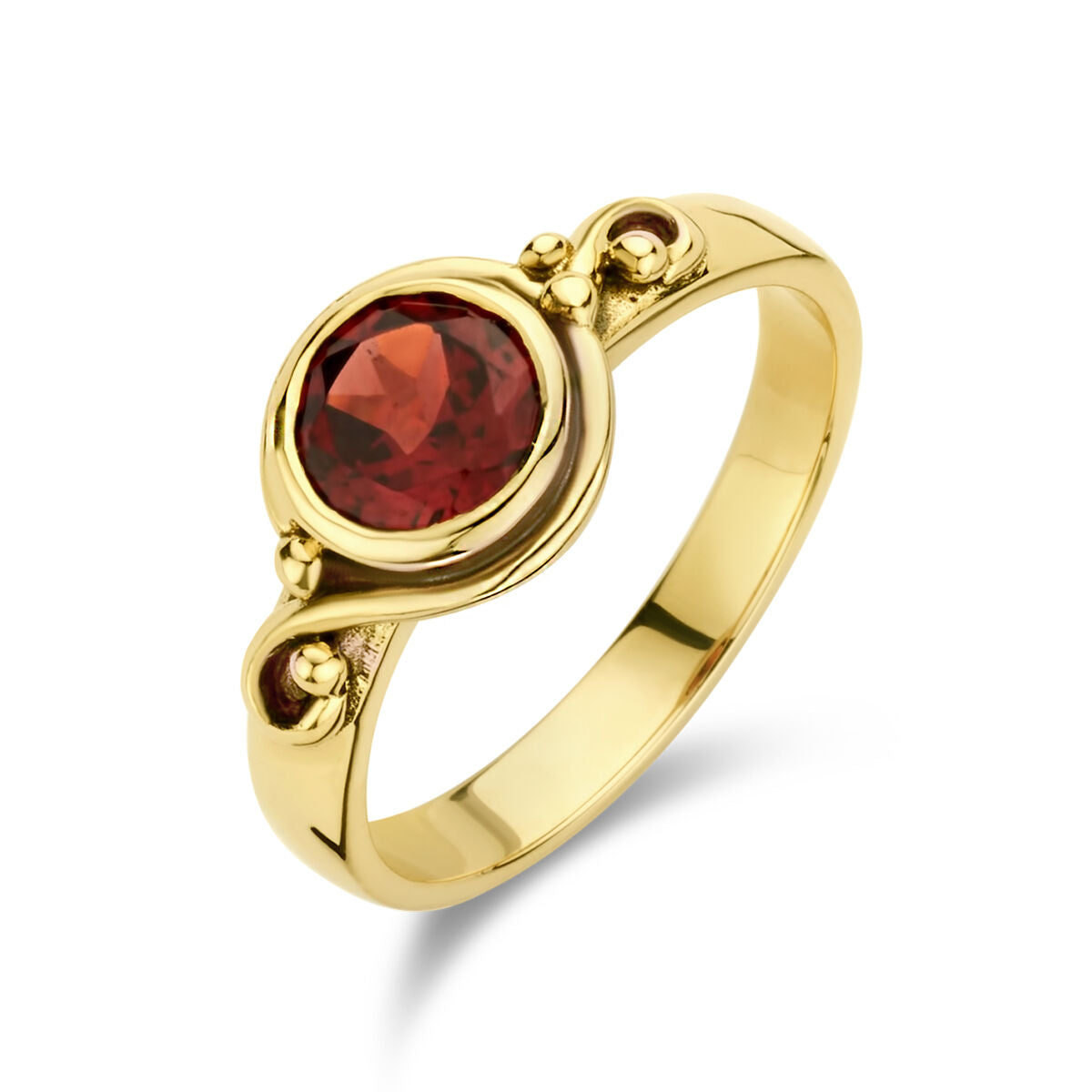Vintage Ring mit rotem Granat und 14K Gelbgold, rundes Design mit geschwungenen Details