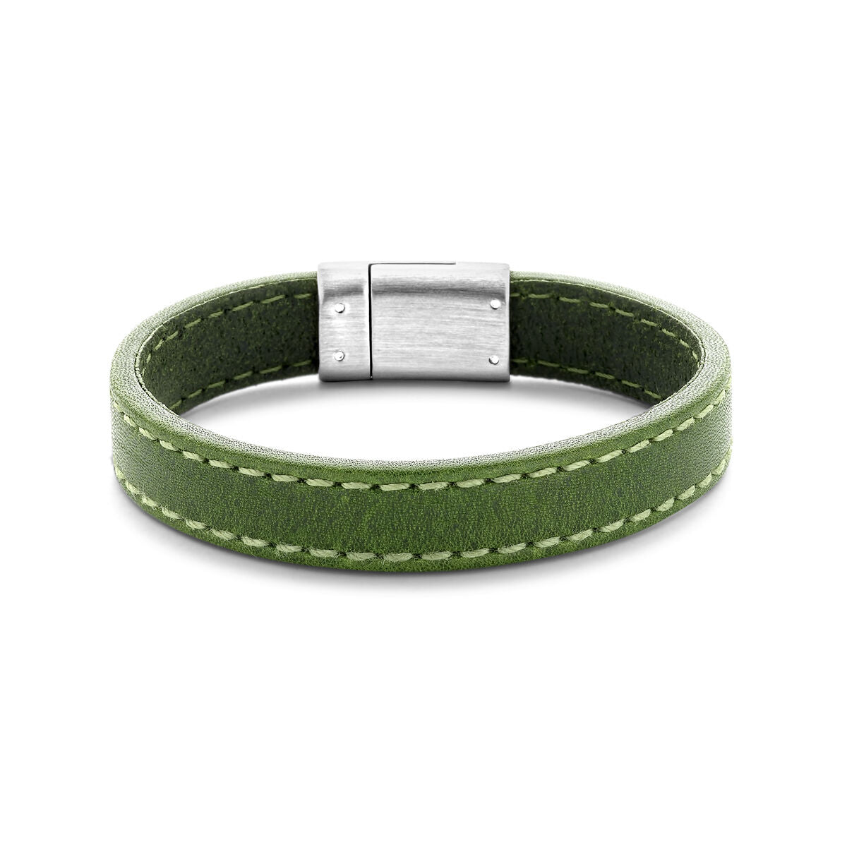 Armband aus grünem Leder mit Edelstahlverschluss und kontrastierenden Nähten