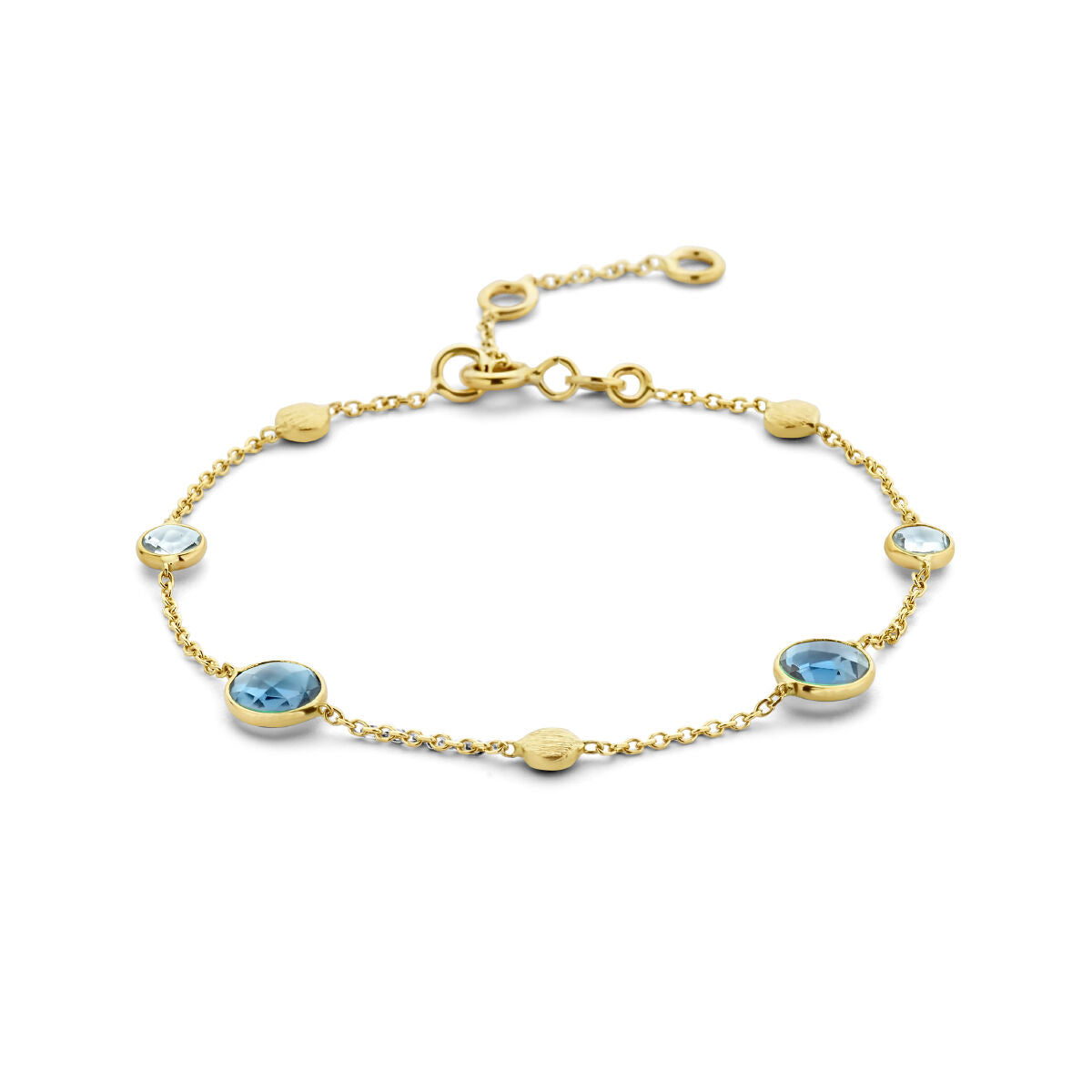 Goldenes Damenarmband mit London Blue und blauen Topasen sowie runden Elementen aus 14K Gold