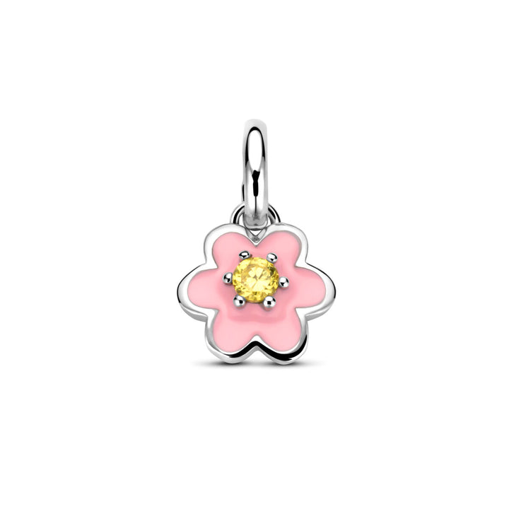 Zilveren hanger met emaille bloem en gele zirkonia – 12 x 8 mm