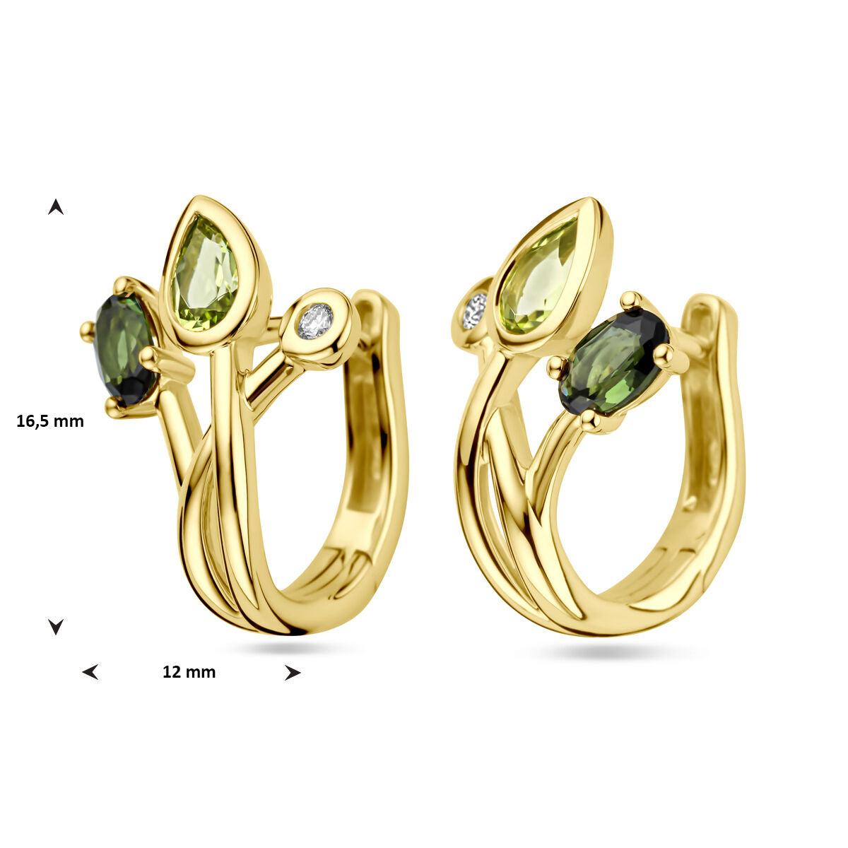 Klappcreolen grün Turmalin, Peridot und Diamant 0.03ct (2x 0.015ct) H SI 14K Gelbgold