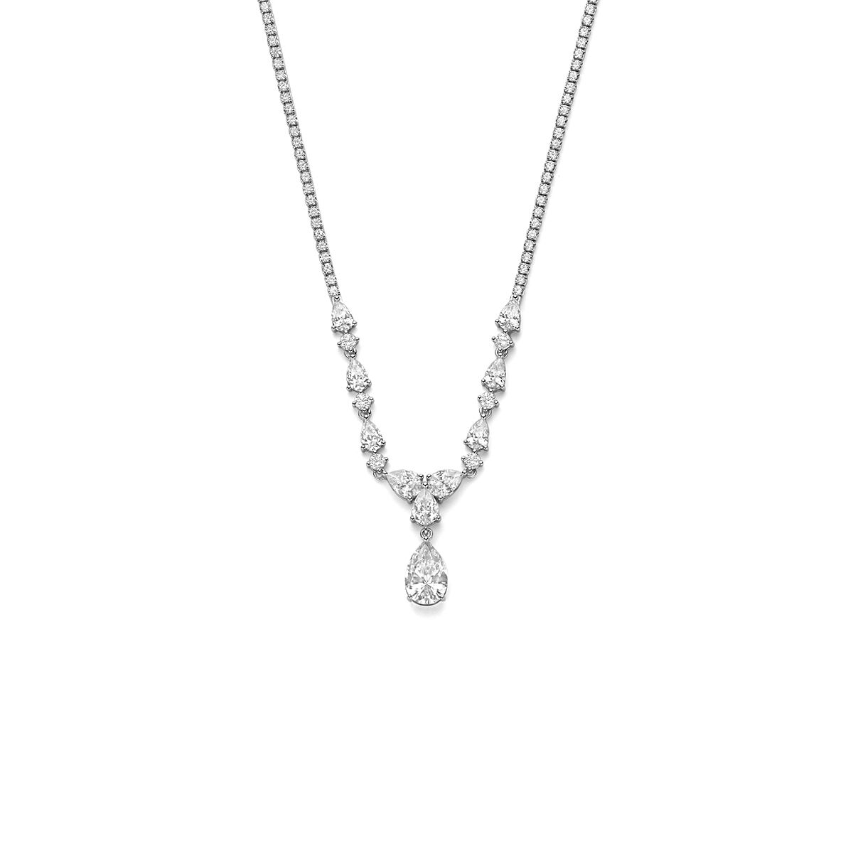 Halskette aus rhodiniertem 925 Silber mit Zirkonia, tropfenförmigem Anhänger und funkelnden Steinen