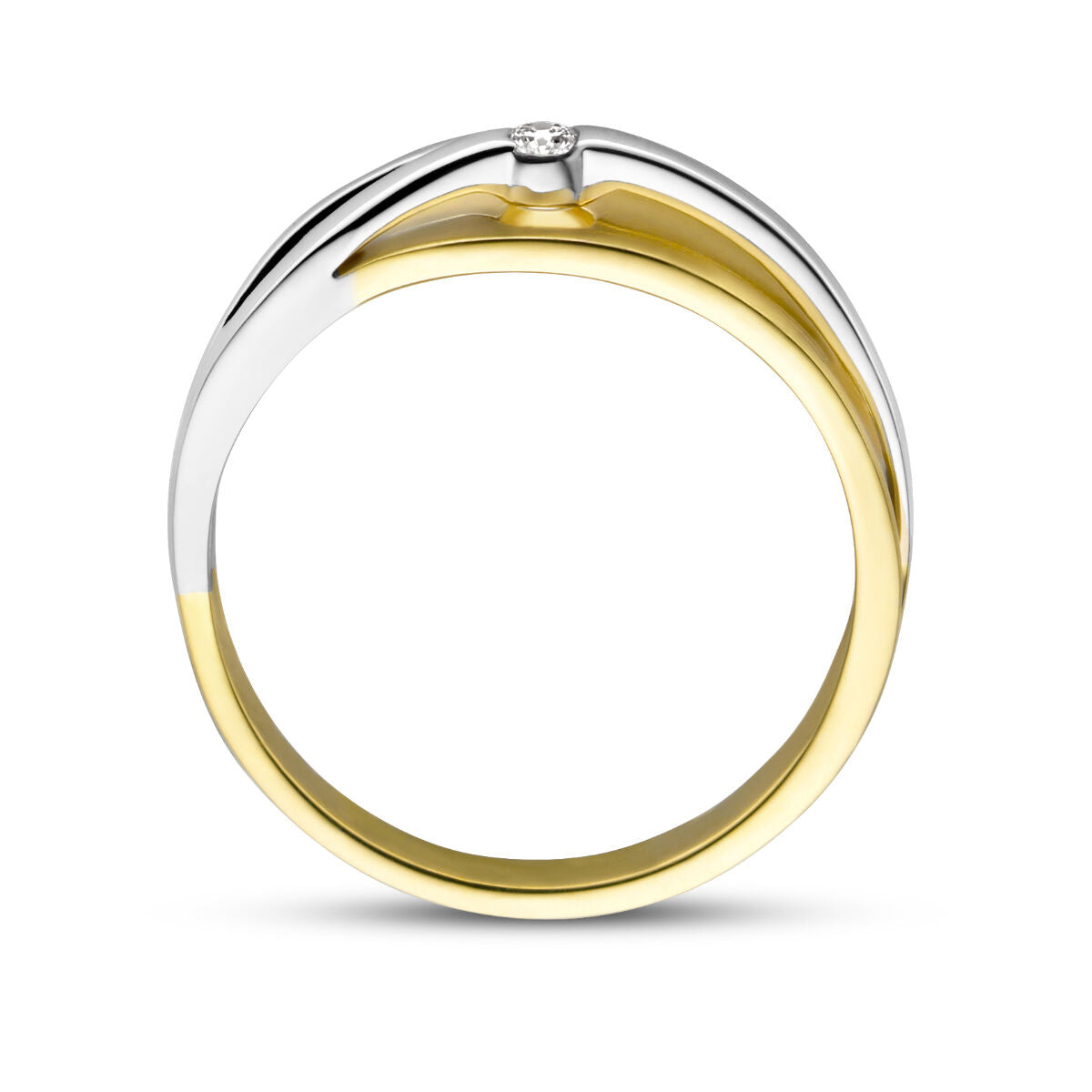 Een 14K bicolor ring van Van der Kooij Collectie, uitgevoerd in geel- en witgoud, met een 0.04ct H SI diamant als verfijnd detail voor een moderne uitstraling.