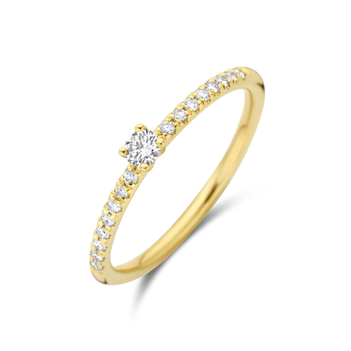 Verlobungsring aus 14K Gelbgold mit einem zentralen Diamanten von 0,25 ct und kleinen, funkelnden Steinen entlang des Rings