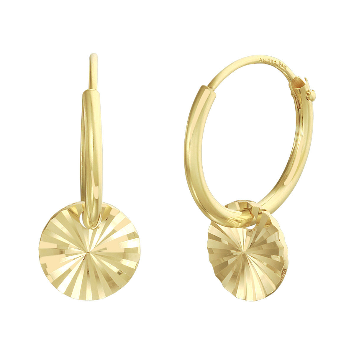 Runde Klapp-Ohrringe aus 14K Gelbgold mit gediamantierter Oberfläche und glänzendem Anhänger