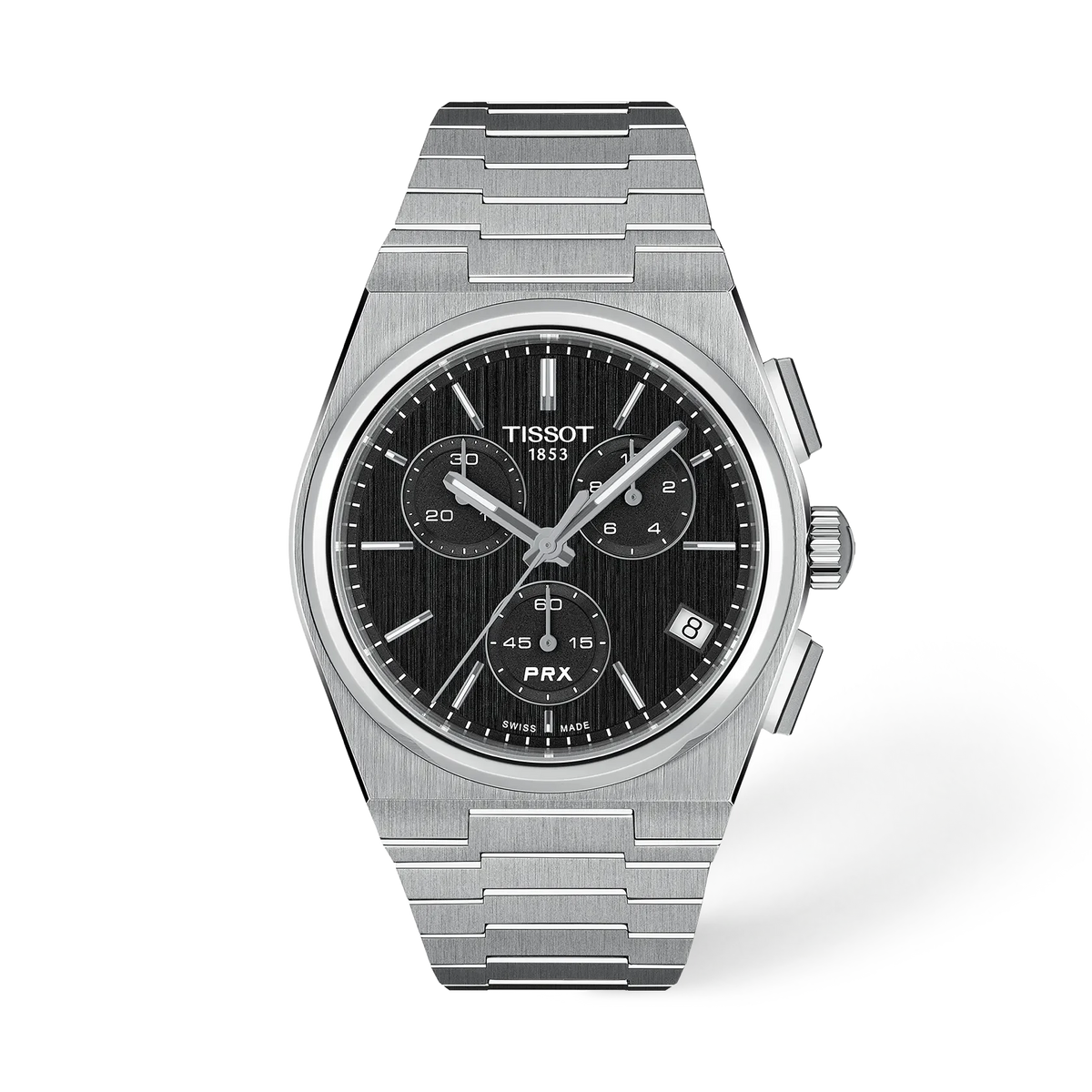 Herrenarmbanduhr mit schwarzem Zifferblatt, Edelstahlgehäuse und -armband, Chronographenfunktion