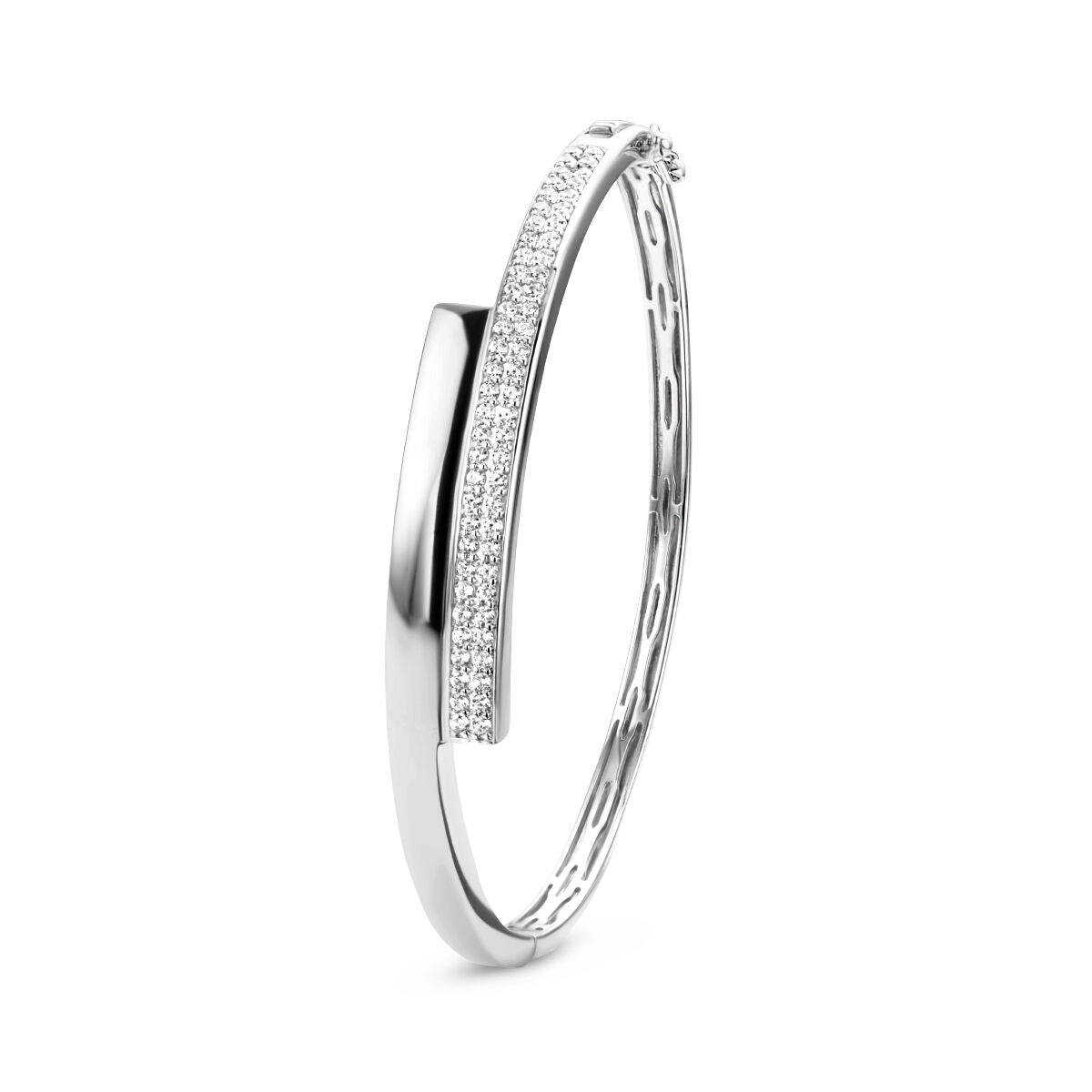 Bangle aus rhodiniertem Silber mit Zirkonia-Steinen, 9,5 x 61 mm, schlichte Form