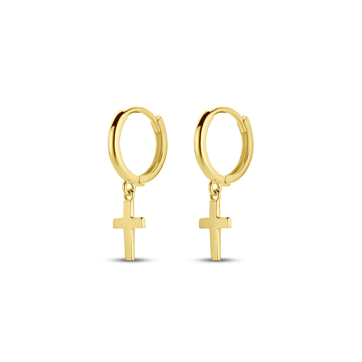 Klapp-Ohrringe aus 14K Gelbgold mit hängendem Kreuz.