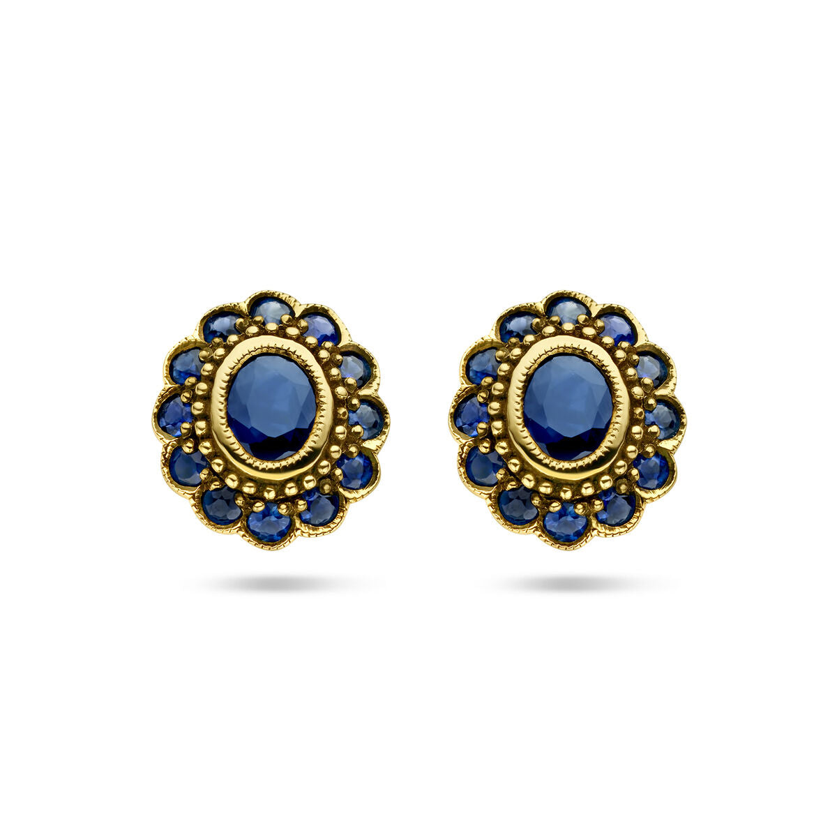 Ohrstecker aus 14K Gelbgold mit blauen Saphiren und filigranem Blumenmuster