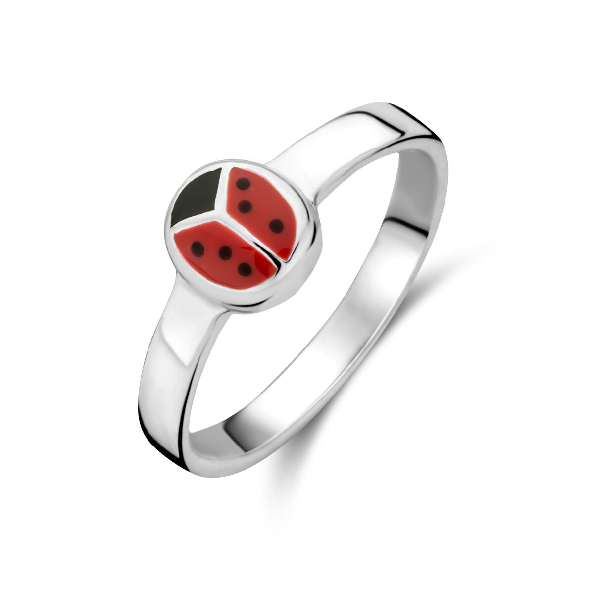 Ring aus Silber mit rotem und schwarzem Marienkäfer-Motiv