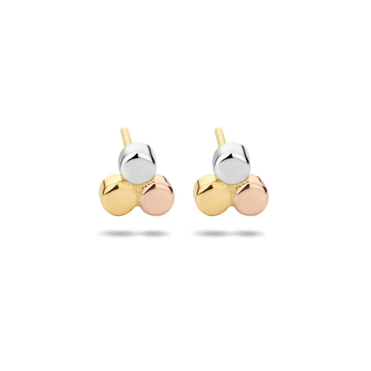 Ohrstecker in Tricolor aus 14K Gold mit runden, glänzenden Elementen in Gelbgold, Roségold und Weißgold