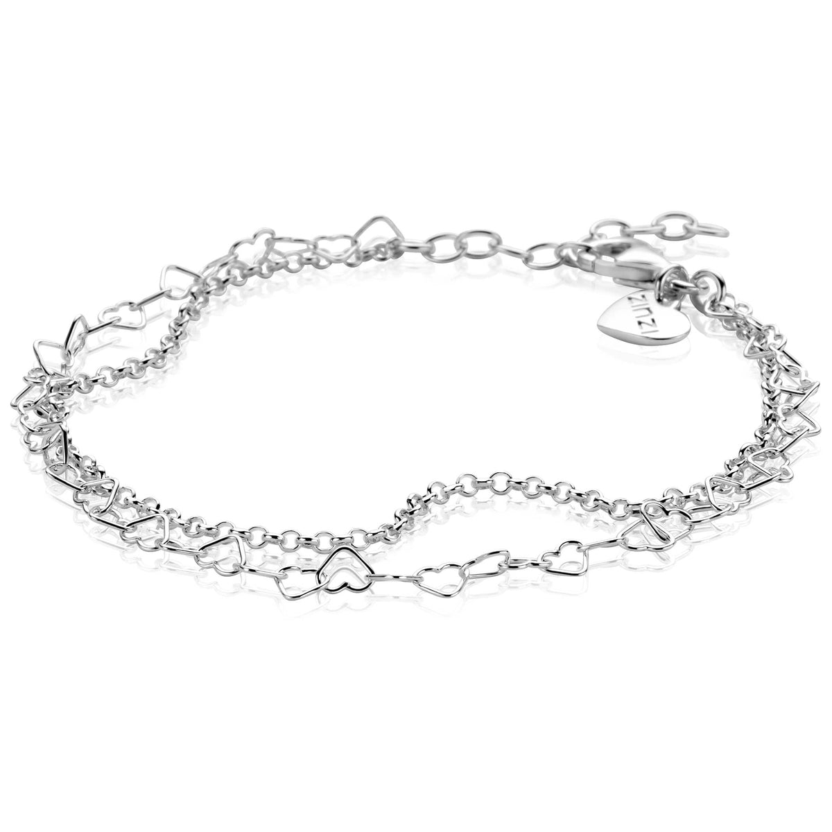 Zweireihige Armband aus Silber mit offenen Herzchen-Gliedern und Karabinerverschluss