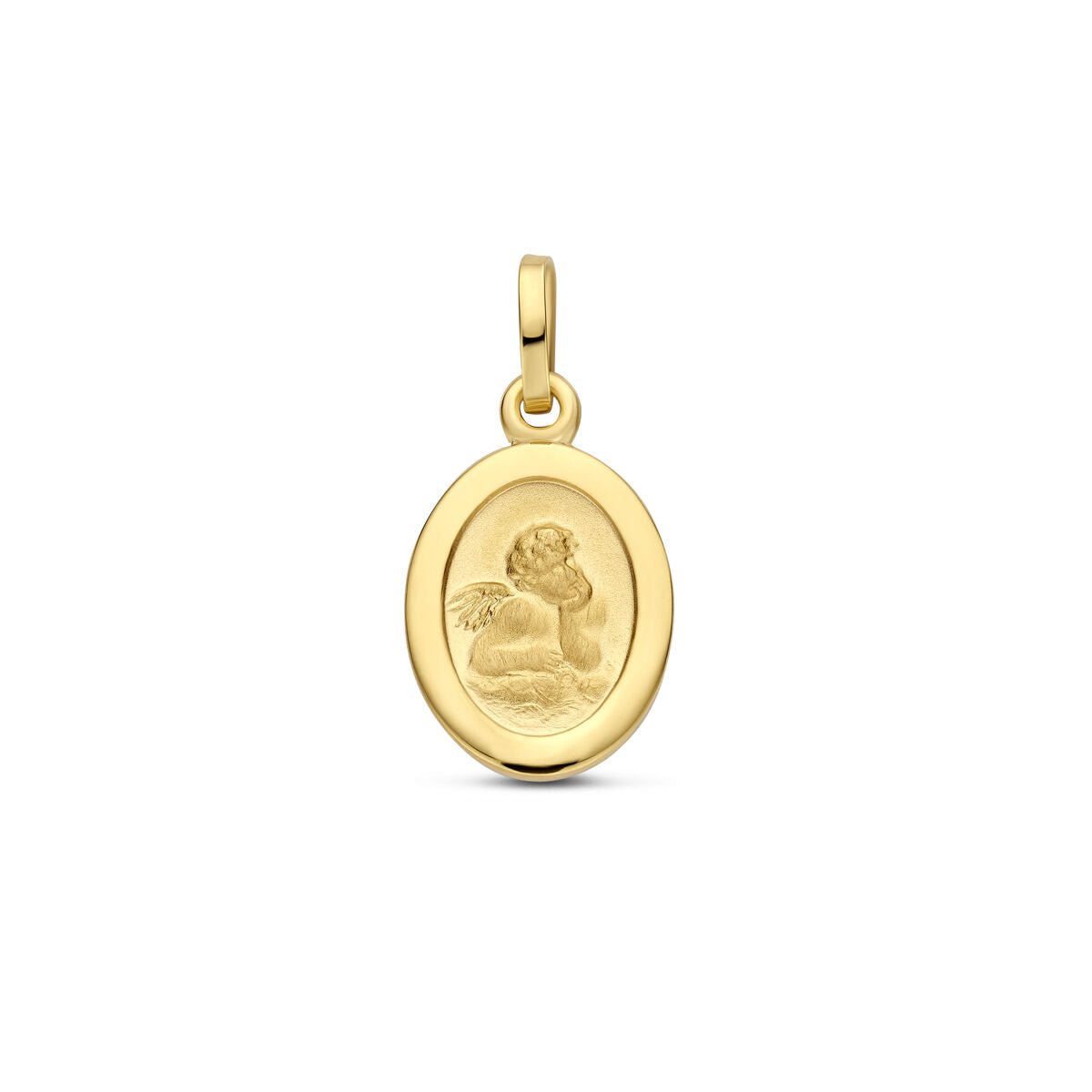 Ovaler Anhänger mit mattem Finish, 19 mm, aus 14K Gelbgold, mit Engelmotiv.