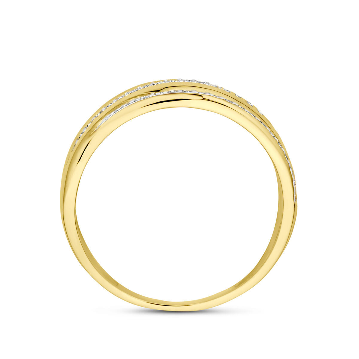 Van der Kooij Collectie ring zirkonia bicolor gestift, uitgevoerd in 14K geelgoud. Deze damesring heeft een dubbele band met sprankelende zirkonia accenten, van opzij gezien tegen een witte achtergrond.