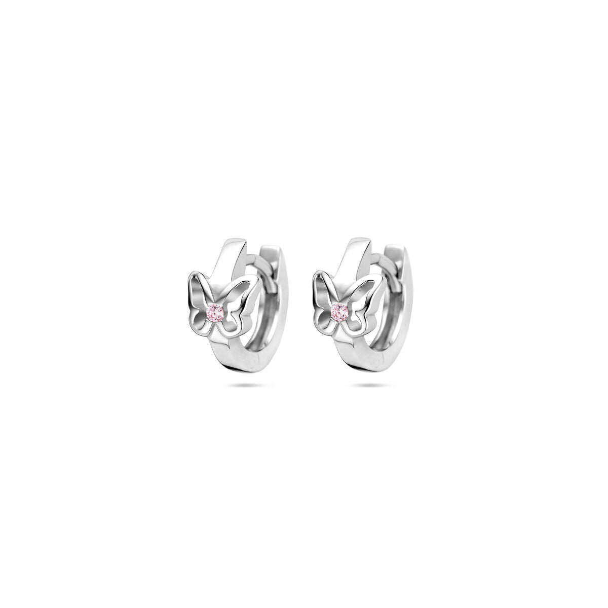 Klapp-Ohrringe in Form eines Schmetterlings aus rhodiniertem Silber mit pinkem Edelstein.