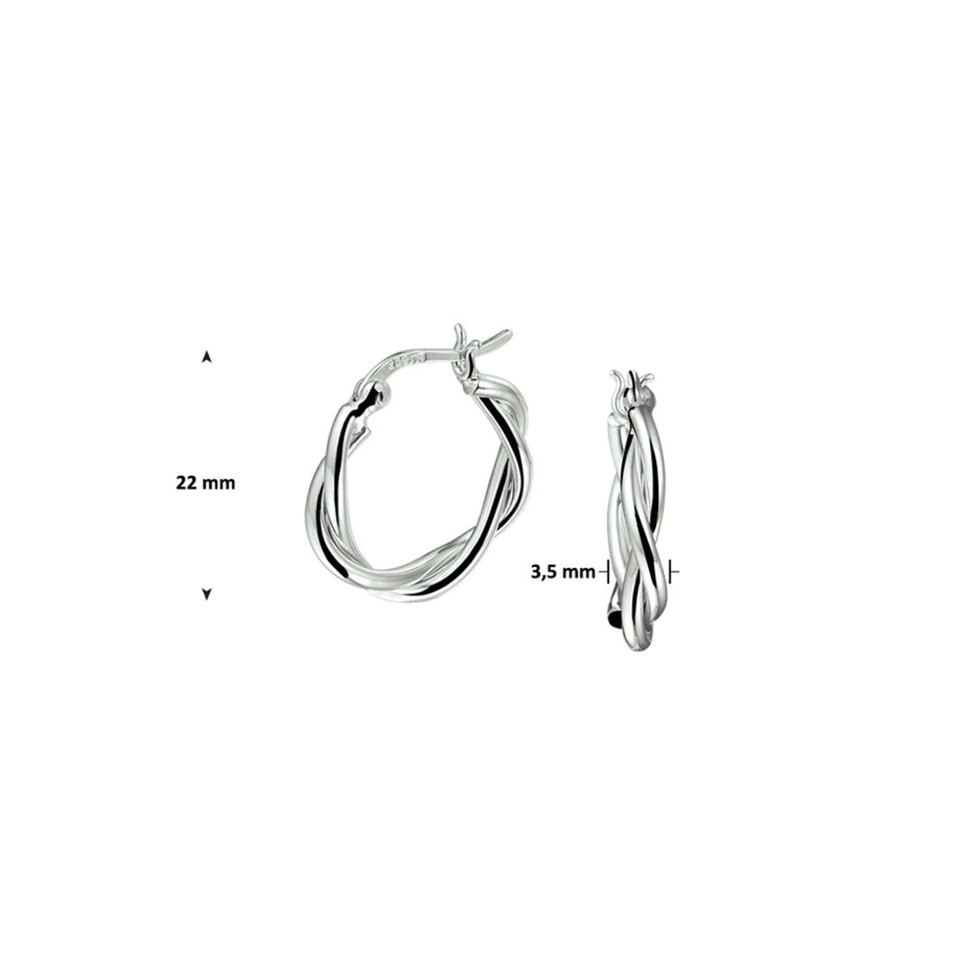 Twee Van der Kooij Collectie oorringen gedraaide buis zilver gerhodineerd met scharniersluiting zijn afgebeeld op een witte achtergrond, met een hoogte van 22 mm en een breedte van 3,5 mm - stijlvolle dames oorbellen voor elke gelegenheid.