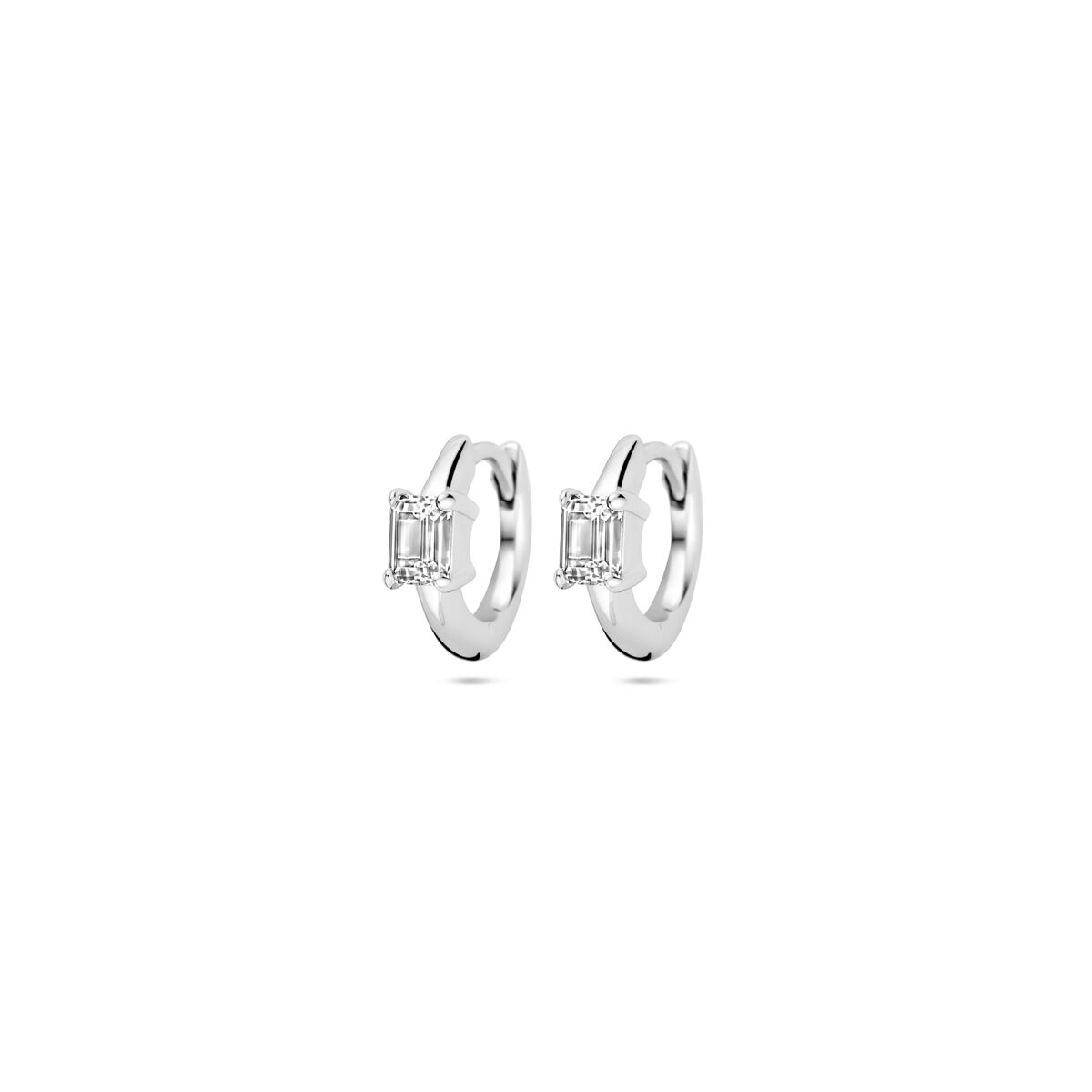 Klapp-Ohrringe aus rhodiniertem Silber mit Zirkonia, 10 mm groß, rechteckige Steine.